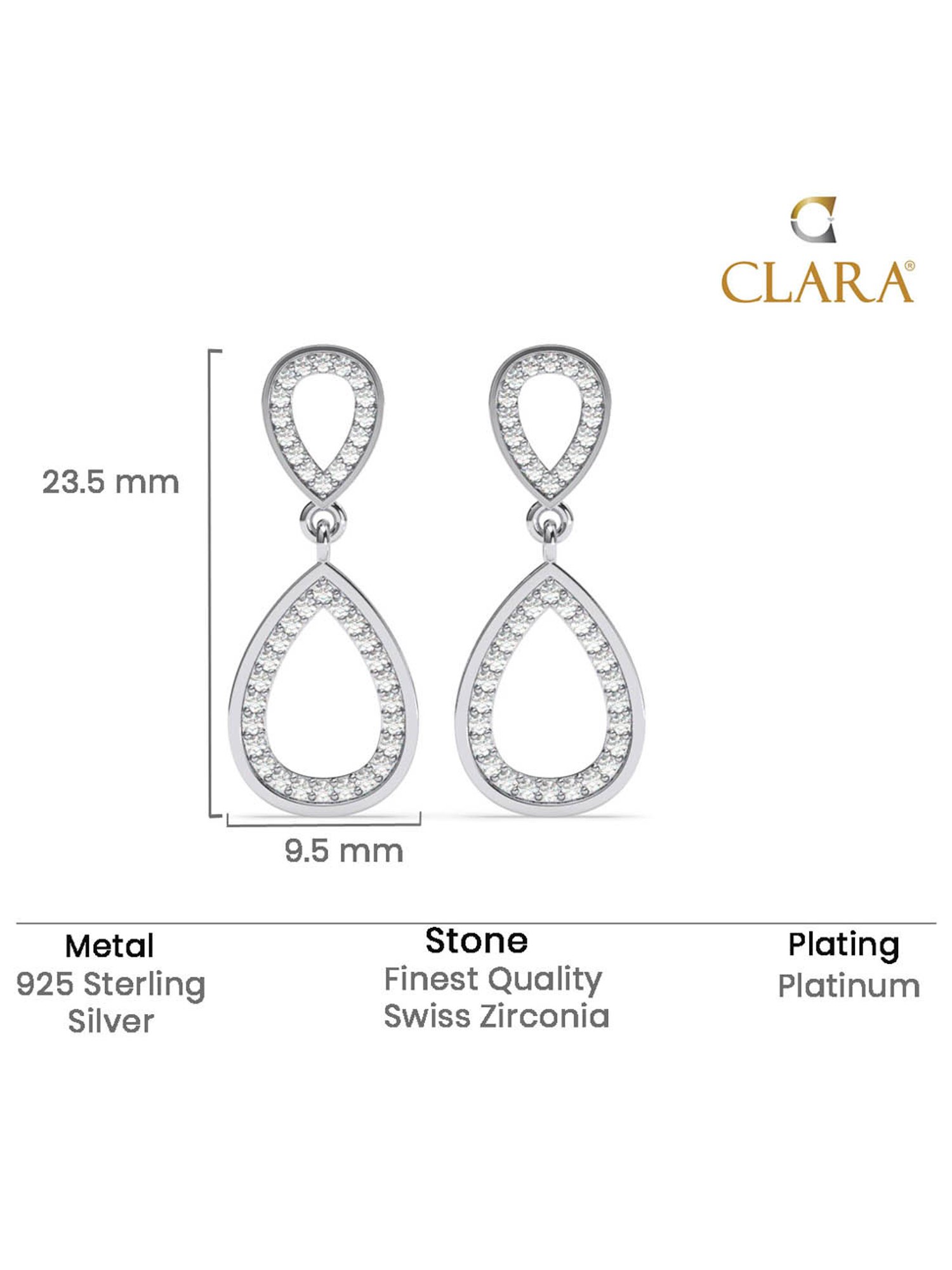 Clara 925 Silver Platinum Plated Swiss Zirconia Serenity Drop Earrings Gift for Women
