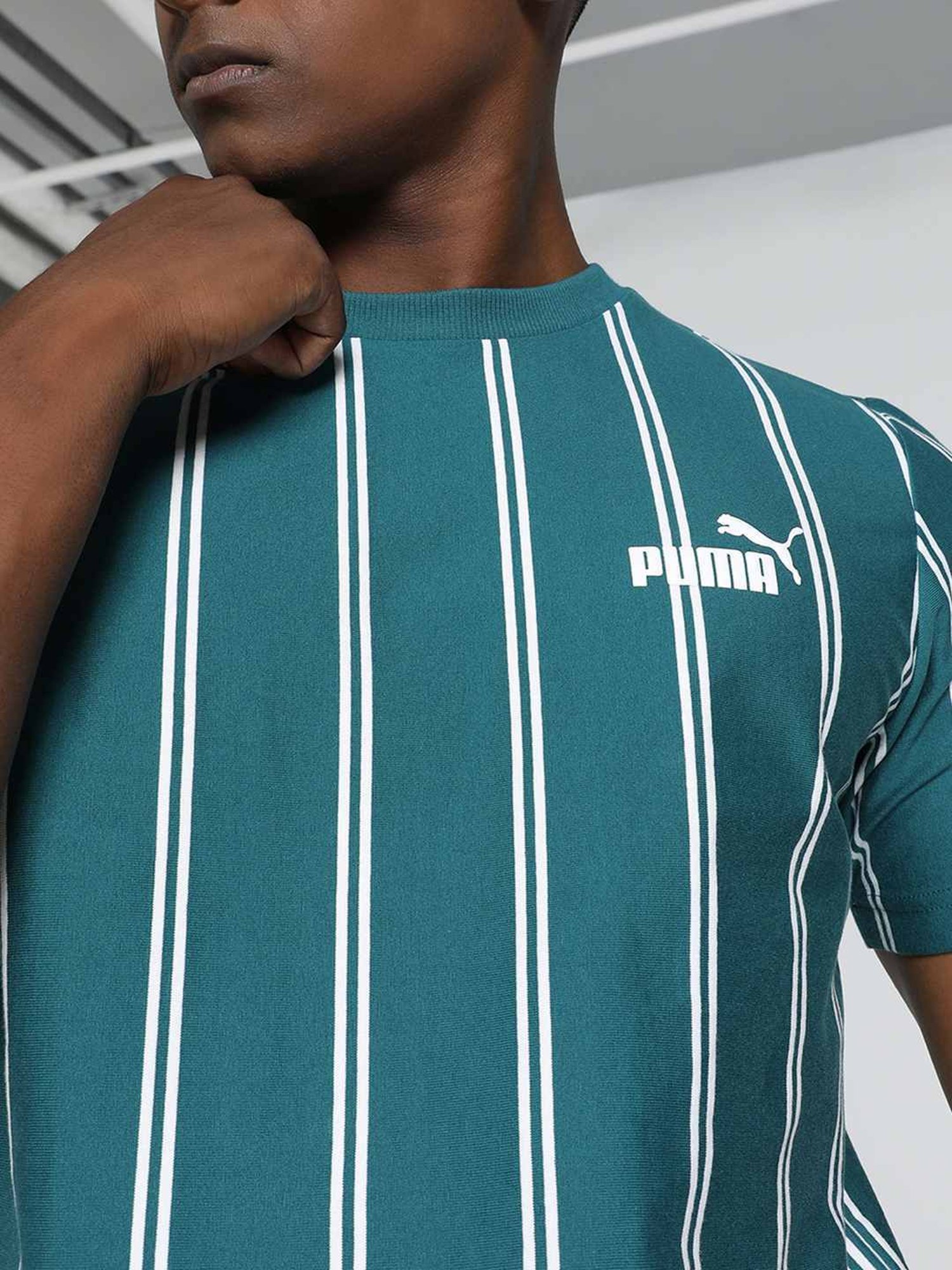 Puma Sports Club Green Cotton Regular Fit Striped T-Shirt