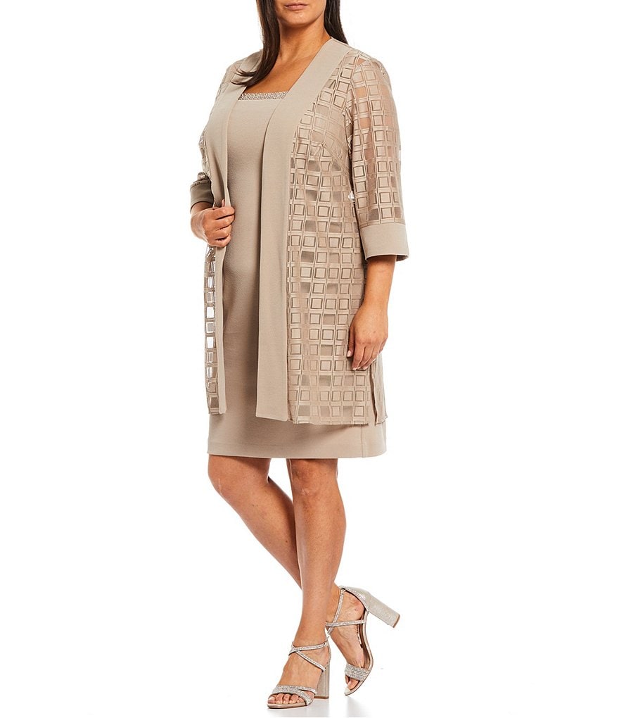 Le Bos Plus Size Square Neck 3/4 Sleeve Duster 2-Piece Jacket Dress