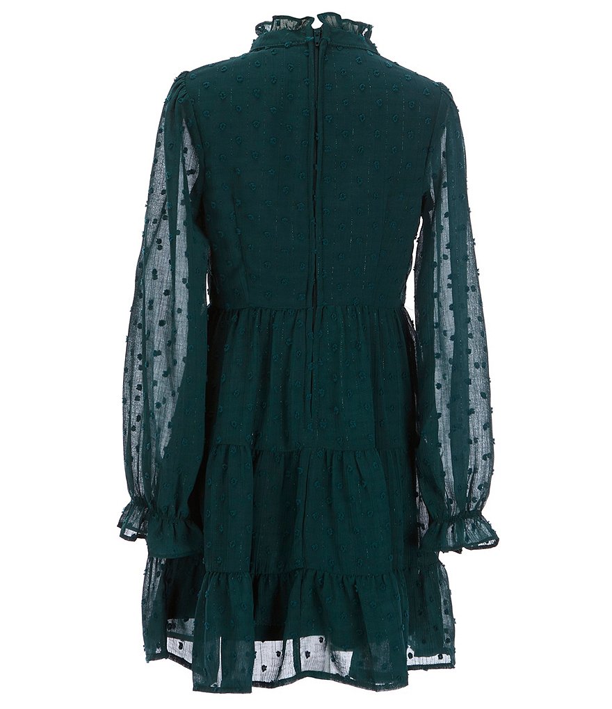 Poppies and Roses Big Girls 7-16 Long-Sleeve Clip-Dot Tiered Fit-And-Flare Dress