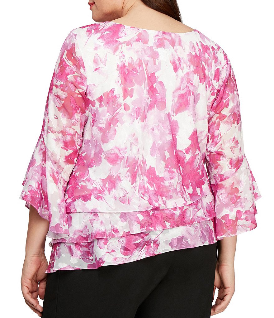 Alex Evenings Plus Size Round Neck 3/4 Flutter Sleeve Floral Chiffon Blouse