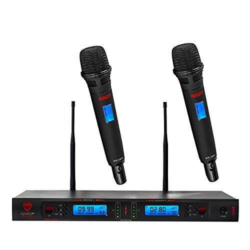 nady 2w1ku ht dual true diversity 1000channel professional uhf wireless system with 2 handheld microphones  autoscan  automatic transmitter pairing  all metal construction