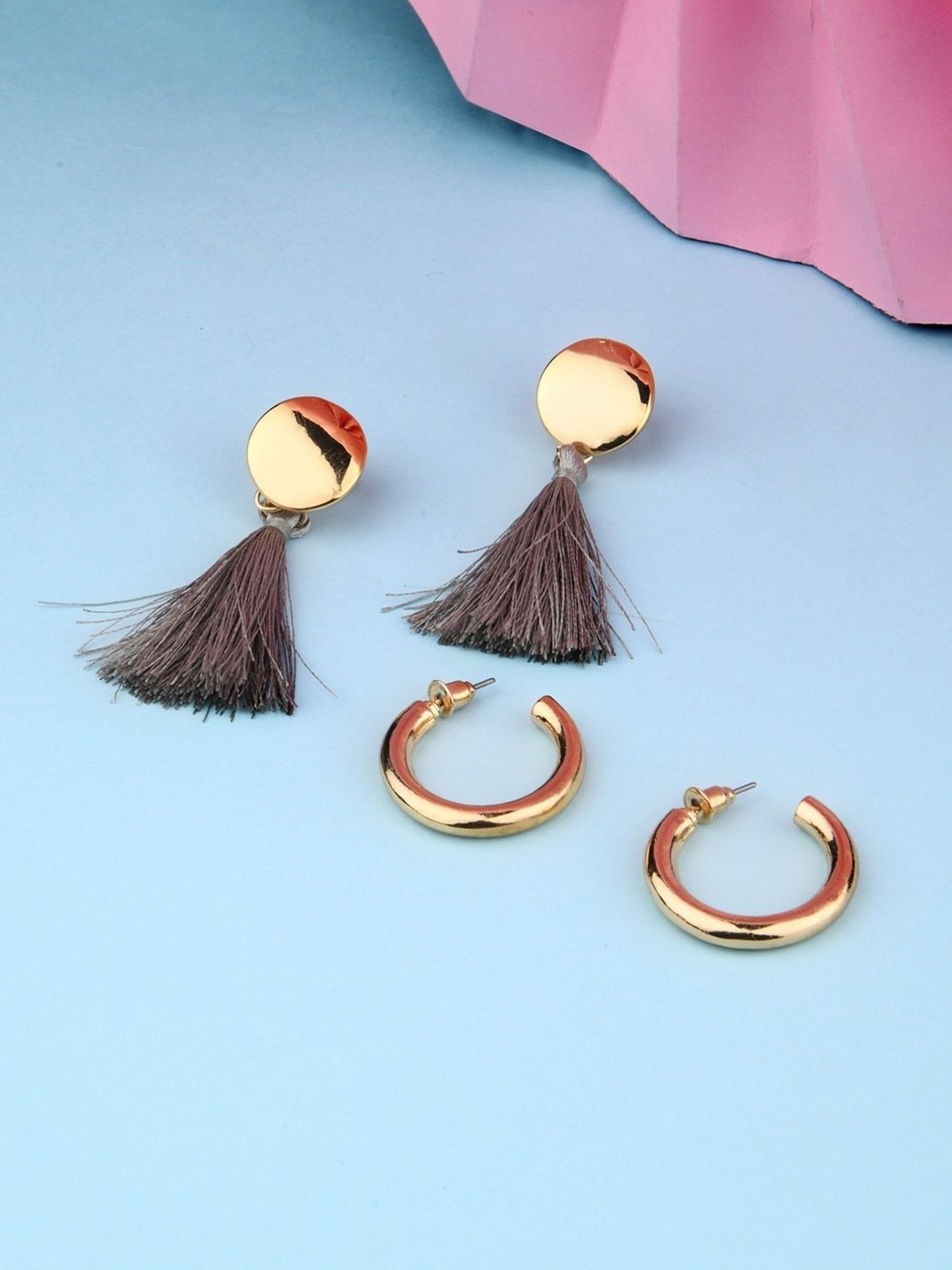 Lilly & Sparkle Grey Tassel & Gold Hoop Earrings - Set of 2