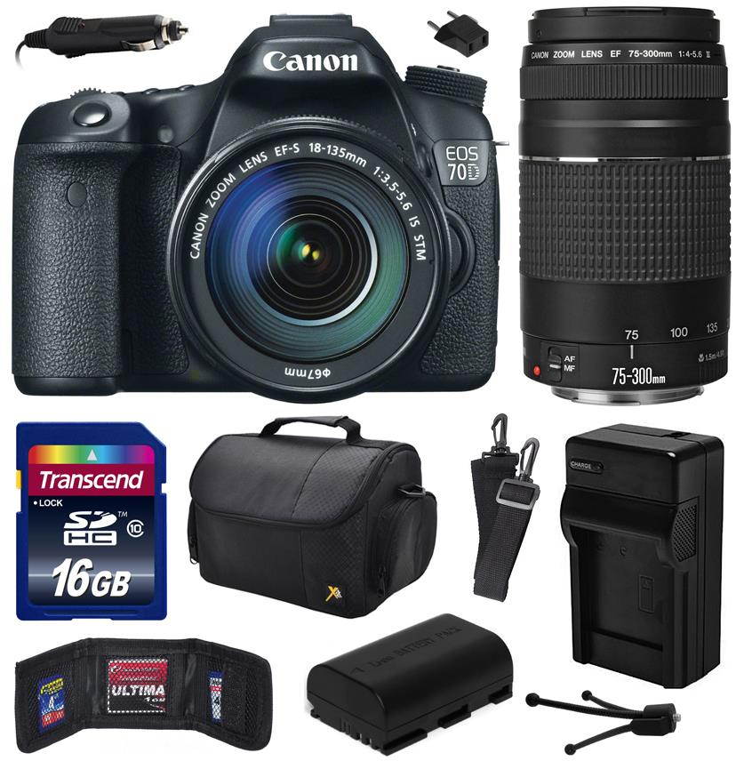 Canon EOS 70D Digital SLR Camera with 18-135mm STM and EF 75-300mm f/4-5.6 III Lens includes 16GB Memory + Large Case + Extra Battery + Travel Charger + Memory Card Wallet + Cleaning Kit 8469B016