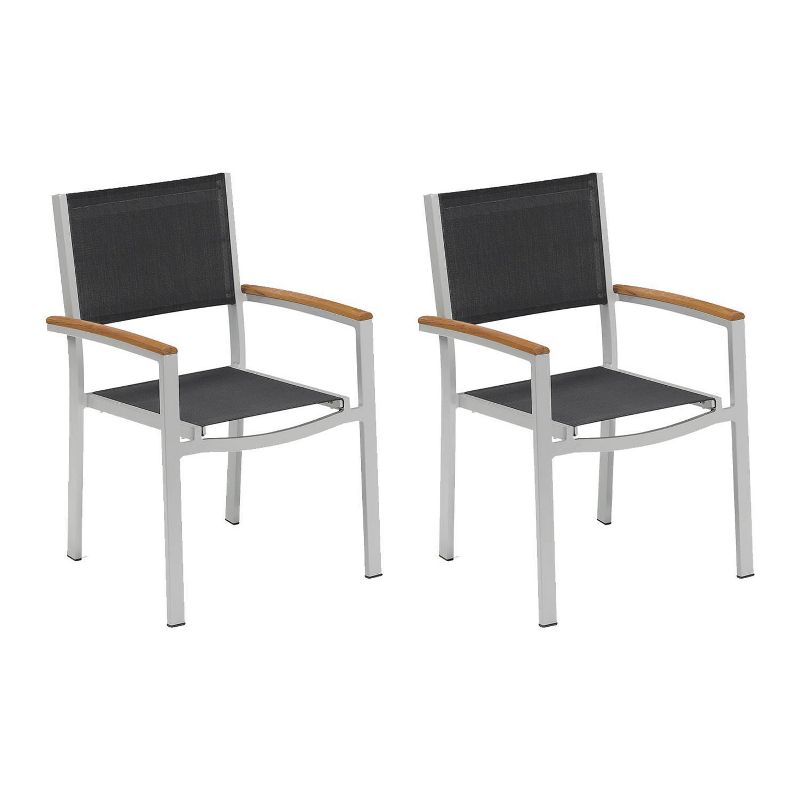 Travira 2pk Sling Armchair with Powder Coated Aluminum Frame - Black Sling - Natural Tekwood Armcaps - Oxford Garden