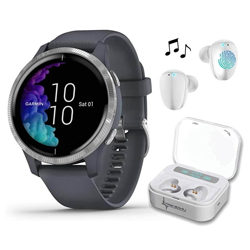 Garmin Venu GPS Smartwatch with AMOLED Display and  Ultimate White Earbuds with Charging Power Bank Case Bundle