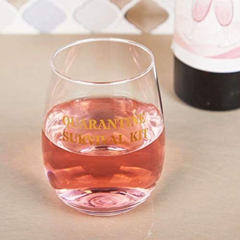 Okuna Outpost Stemless Clear Wine Glasses Cup, Quarantine Survival Kit Novelty Gift (16 Ounces)