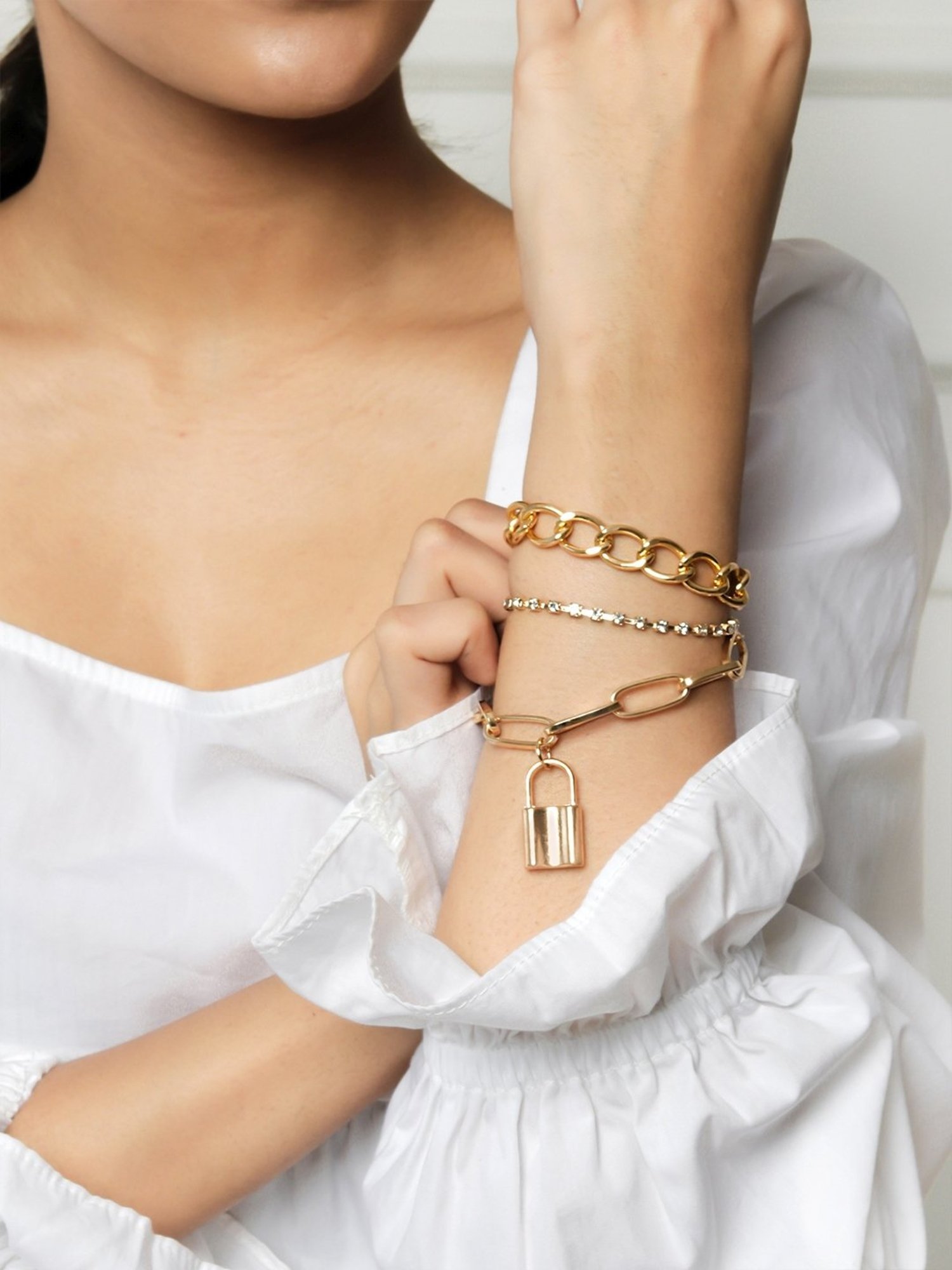 ToniQ Linked Stones Charm Padlock Stack Bracelet for Women - Set of 3