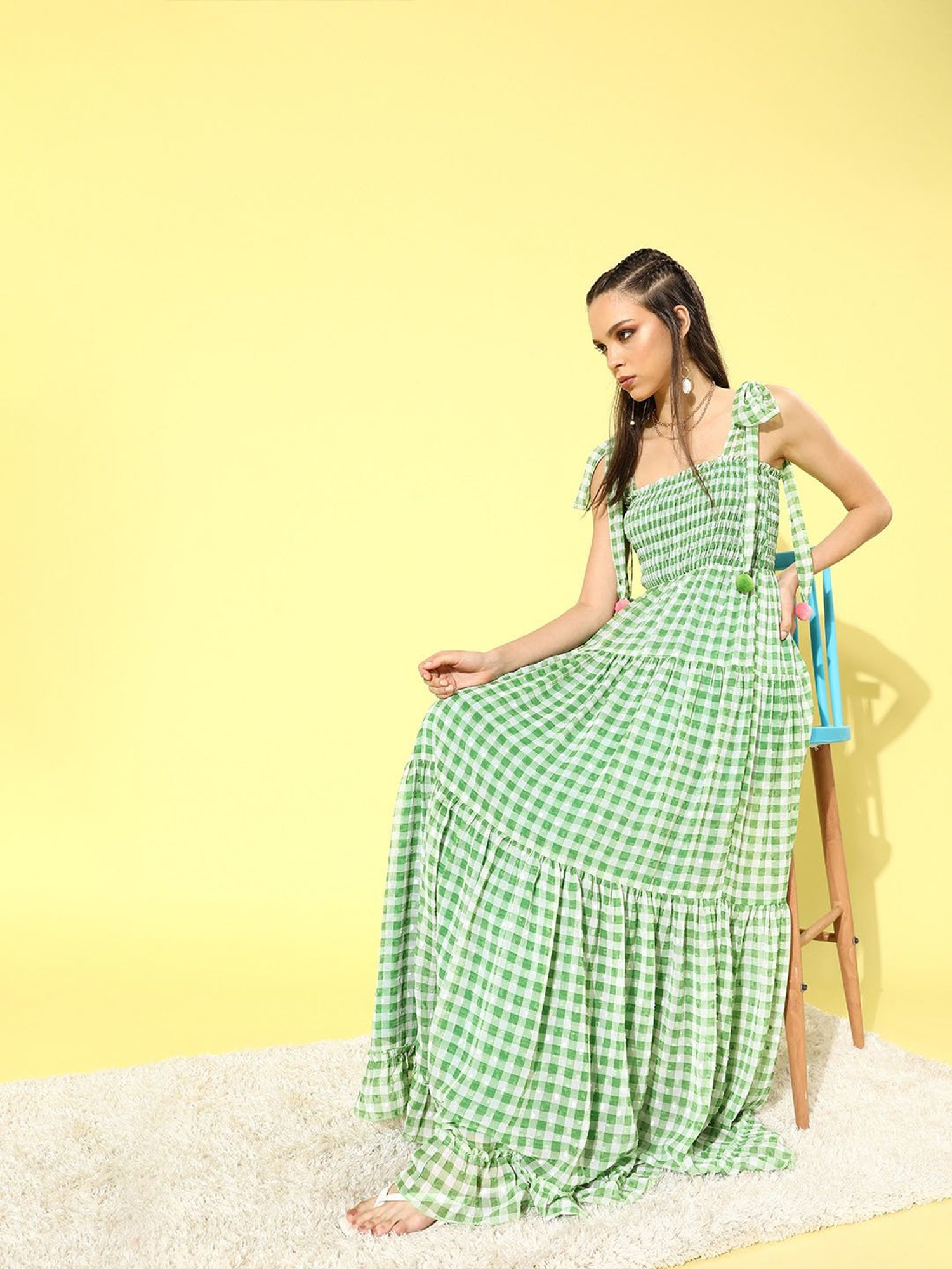 QUIERO Green Checks Fit & Flare Dress