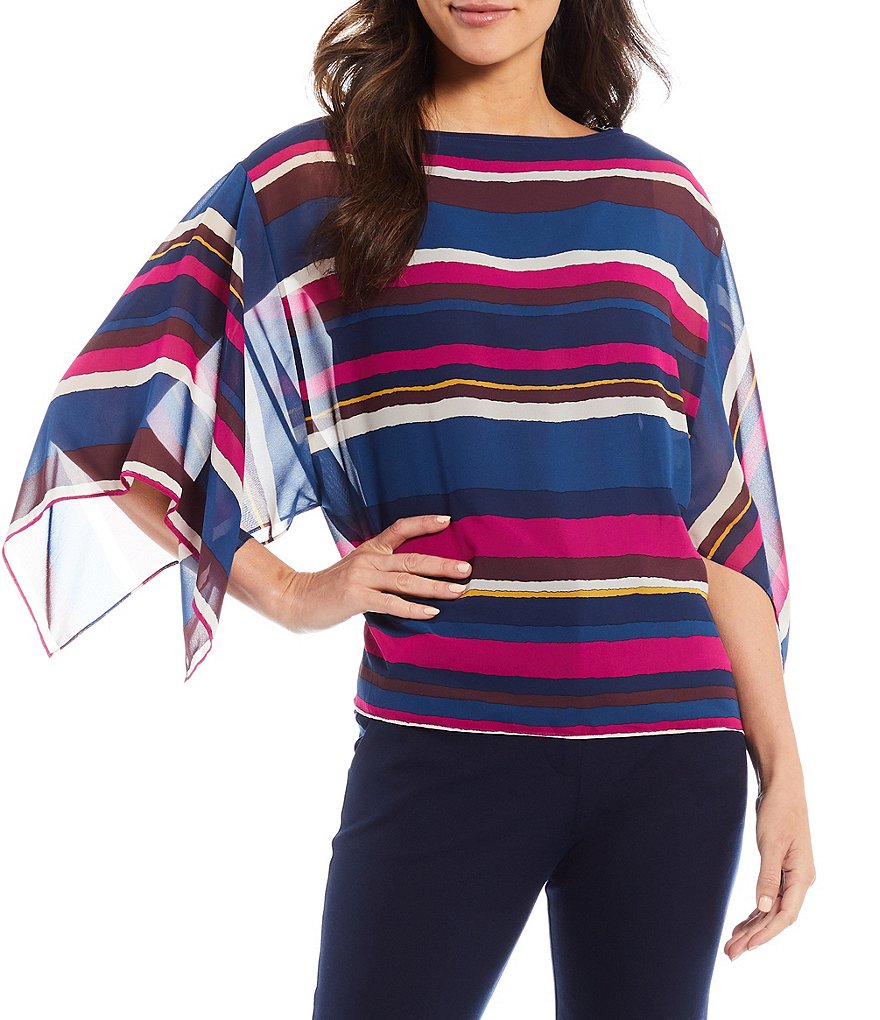 Trina Turk Colorful Stripe Print Boat Neck Handkerchief-Sleeve Mourvedre Top