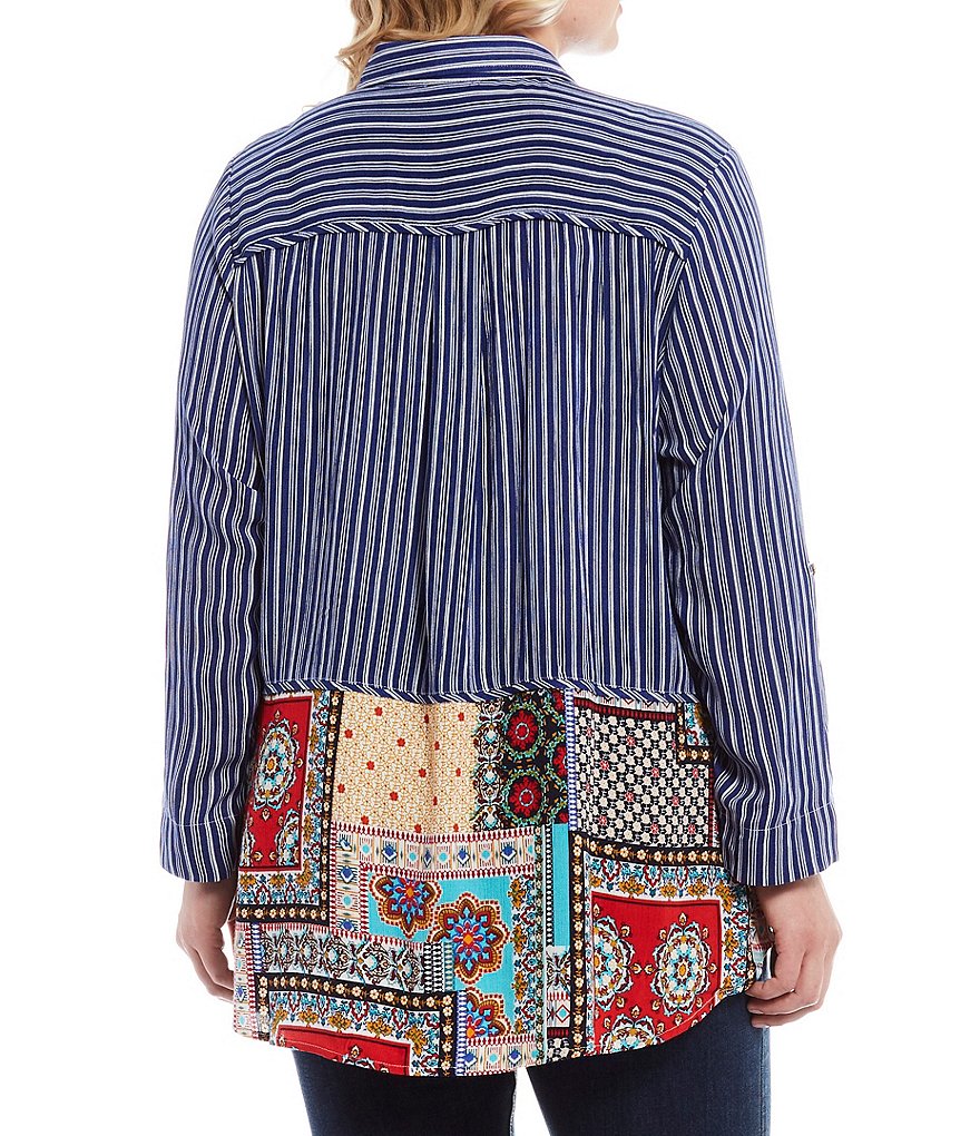 Calessa Plus Size Stripe Patchwork Print Button Down Point Collar Neck 3/4 Roll-Tab Sleeve Tunic
