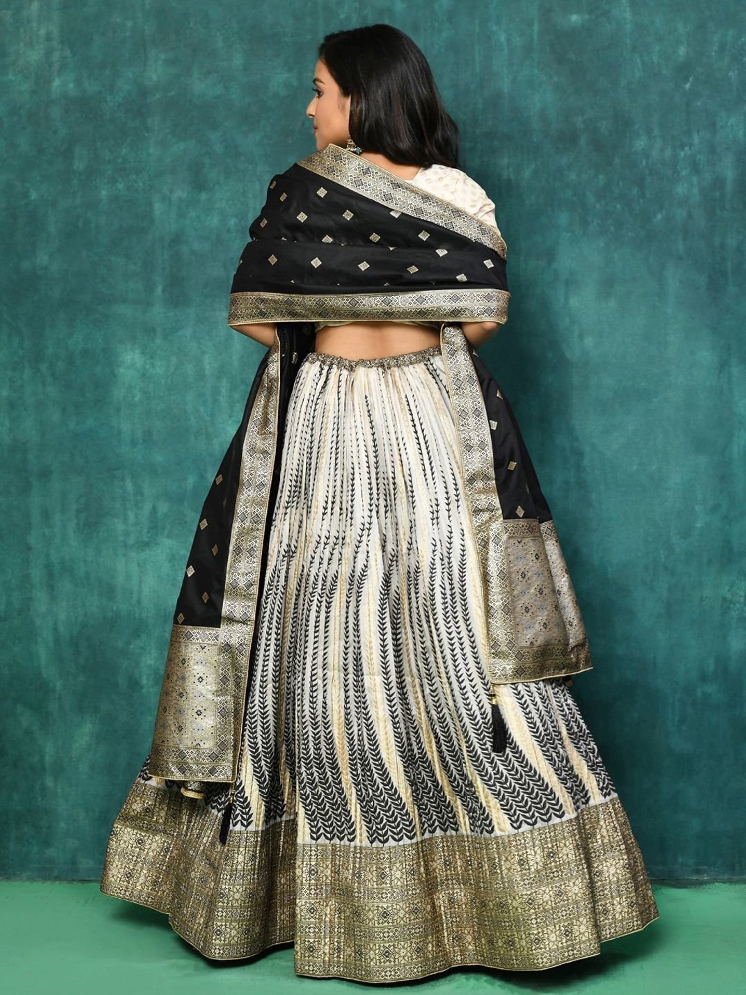 Elora Black & White Woven Pattern Semi Stitched Lehenga Choli Set With Dupatta