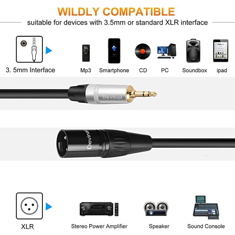 Unbalanced 1/8 inch to XLR Cable, Mini Jack TRS Stereo Male to XLR Male, 3.5mm to 3 Pin Male Interconnect Audio Cable 1 Feet