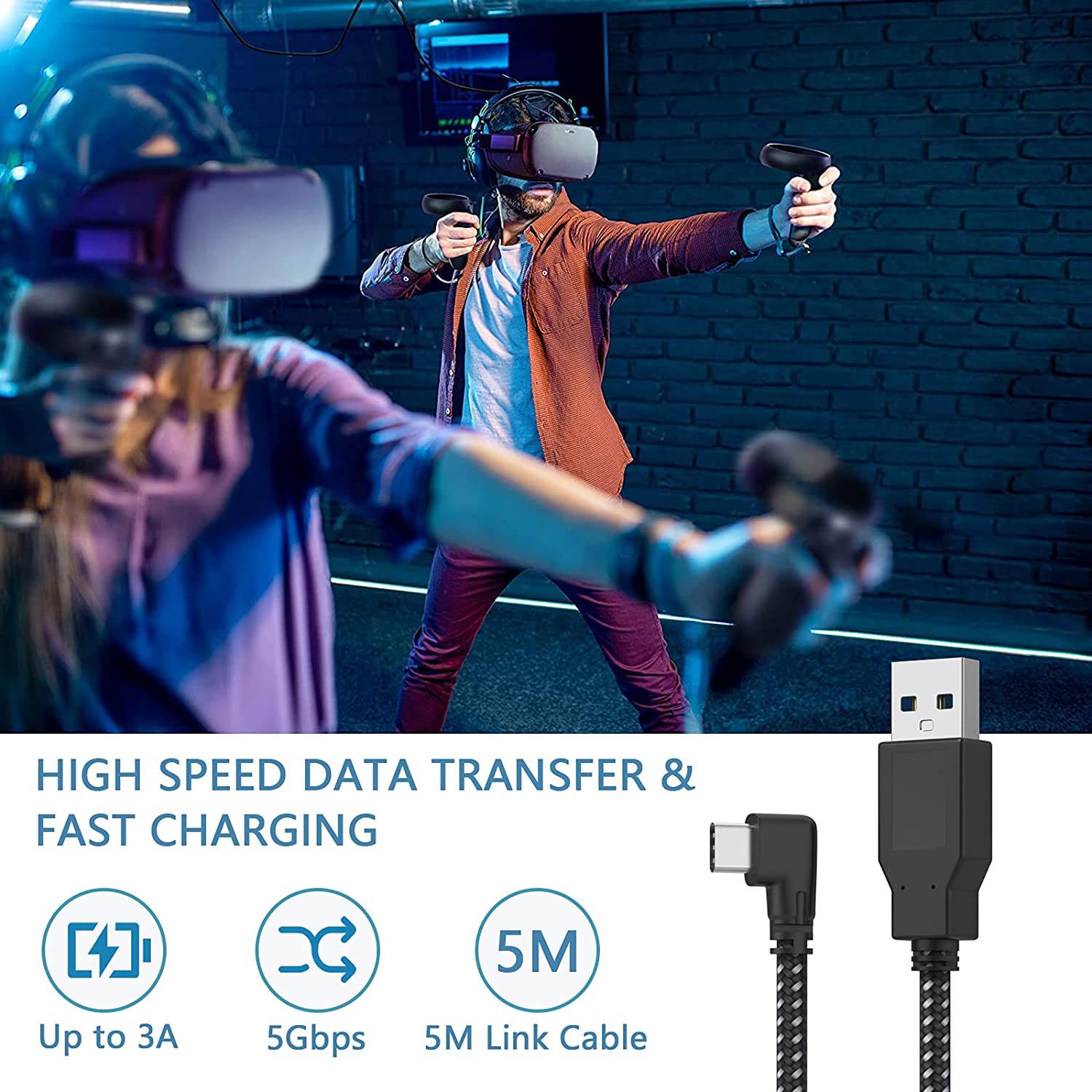for Oculus Quest Link Cable 16ft, Fiber-Optic USB 3.2 Gen1 5Gbps USB 3.0 to USB C High Speed Data Transfer & 3A Fast Charger Cord Nylon Braided Compatible for Quest 2 and Quest VR Headset to Gaming PC