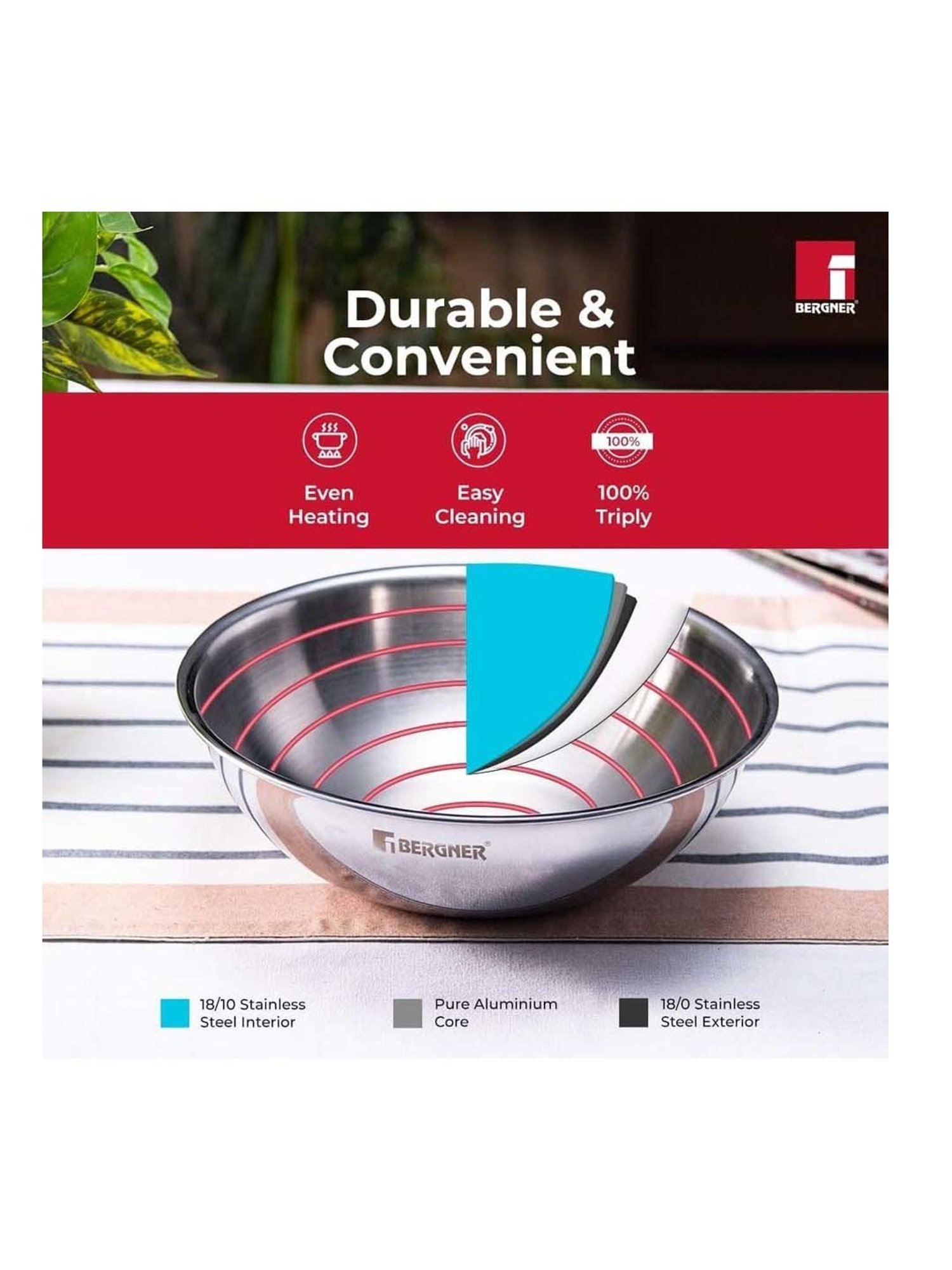 Bergner Tripro Silver Stainless Steel 28 cm Induction Friendly Triply Serve Wok With Lid (4.1 L)