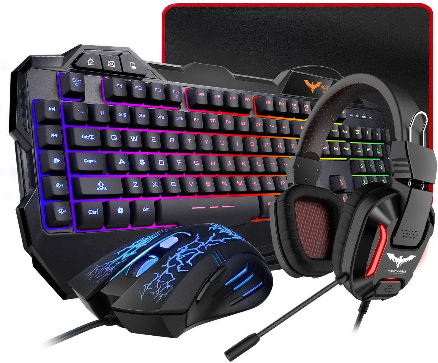 HAVIT Gaming Keyboard Mouse Headset & Mouse Pad Kit, Rainbow LED Backlit Wired, Over Ear Headphone with Mic for PC, Computer, Xbox ONE & PS4, Tablet, Mobile Phones