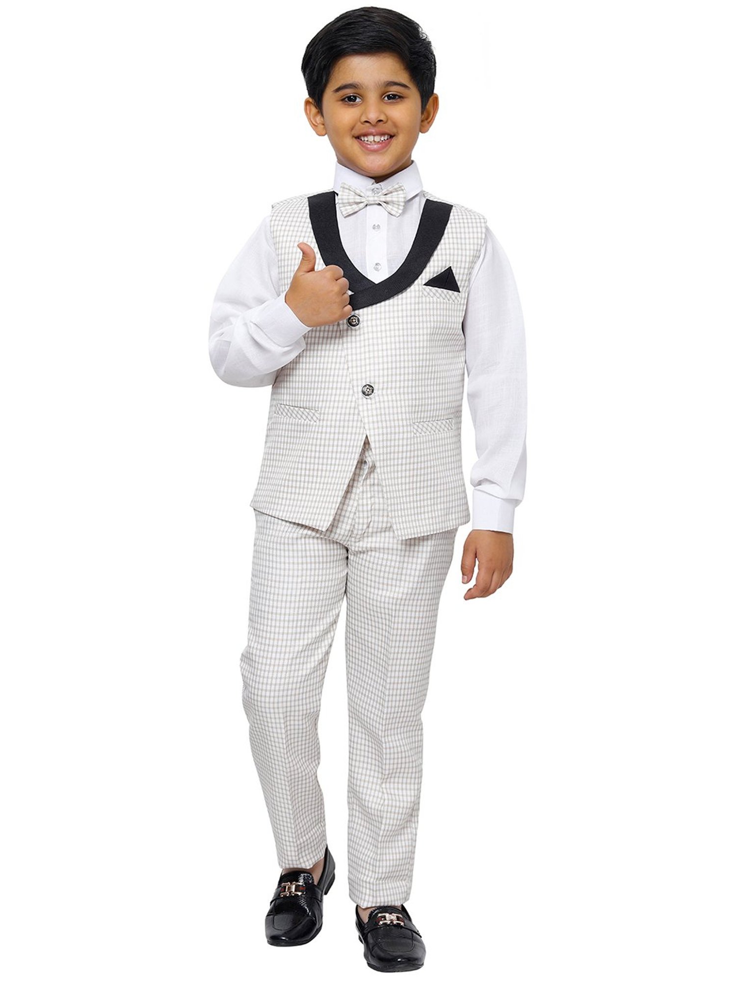 Pro-Ethic Style Developer Kids Off White Checks Full Sleeves Shirt, Waistcoat, Pants with Bow