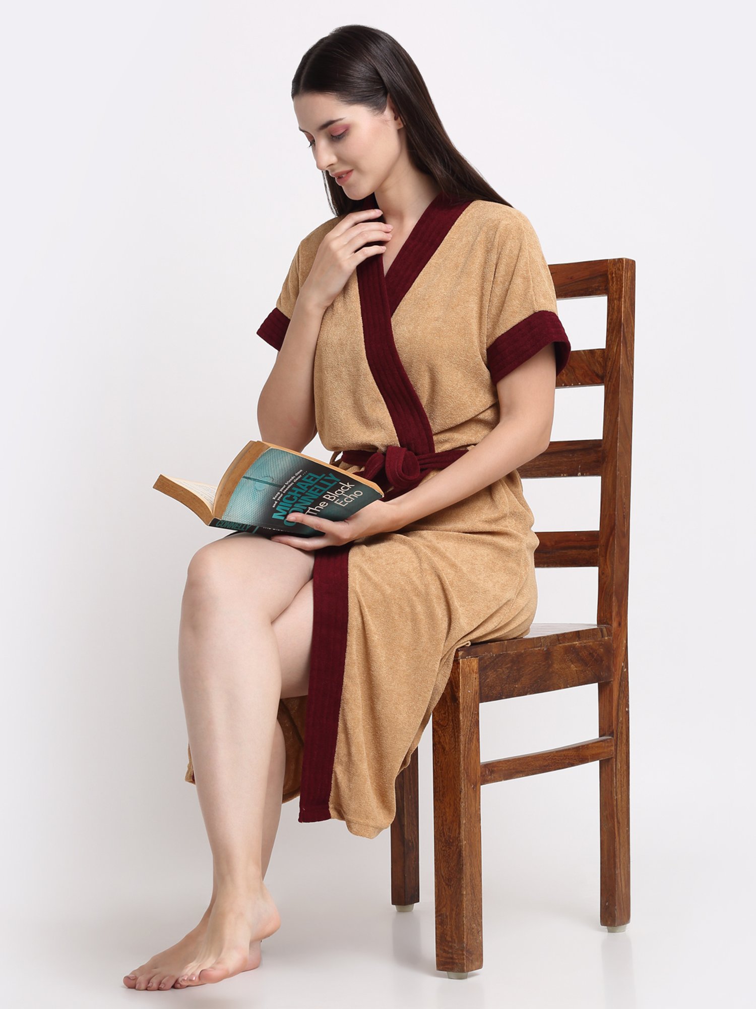 Creeva Everyday Red & Navy 225 GSM Micro Terry Bathrobe with Front Pocket & Kimono Collar