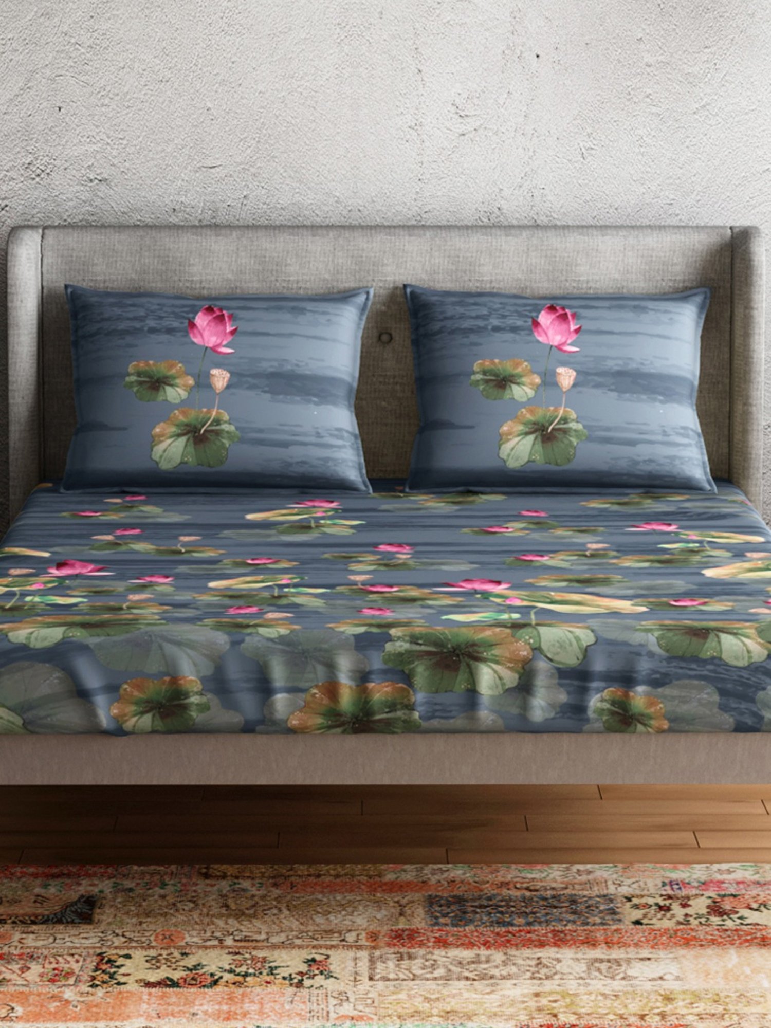 Petal Home Lotus Blue Cotton 144 TC Bedsheet