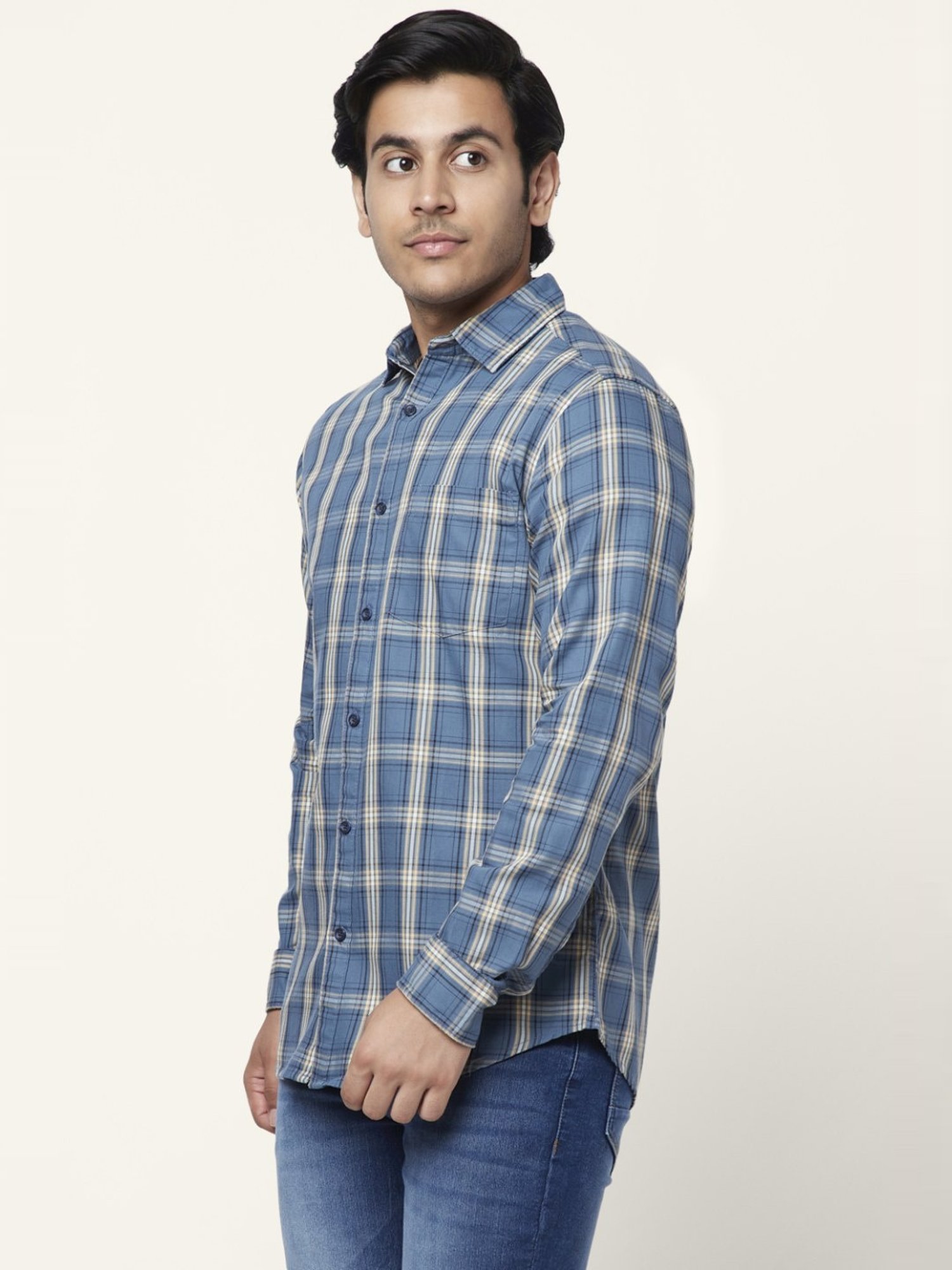 Spykar Blue Cotton Slim Fit Checks Shirt