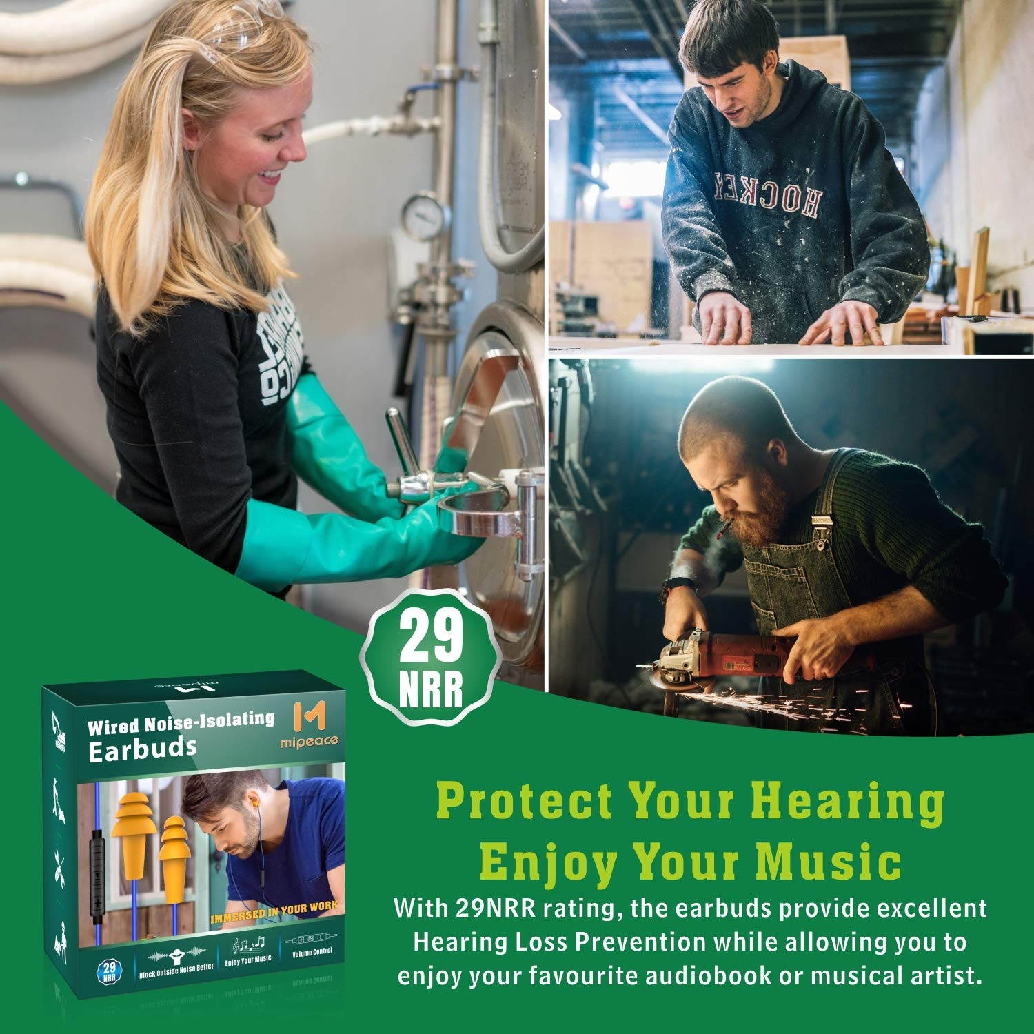 Work Earbuds Headphones, Mipeace Safety Industrial Ear Plugs Headphones with mic and Volume Control-OSHA Approved Noise Reduction Earphones for Work Construction