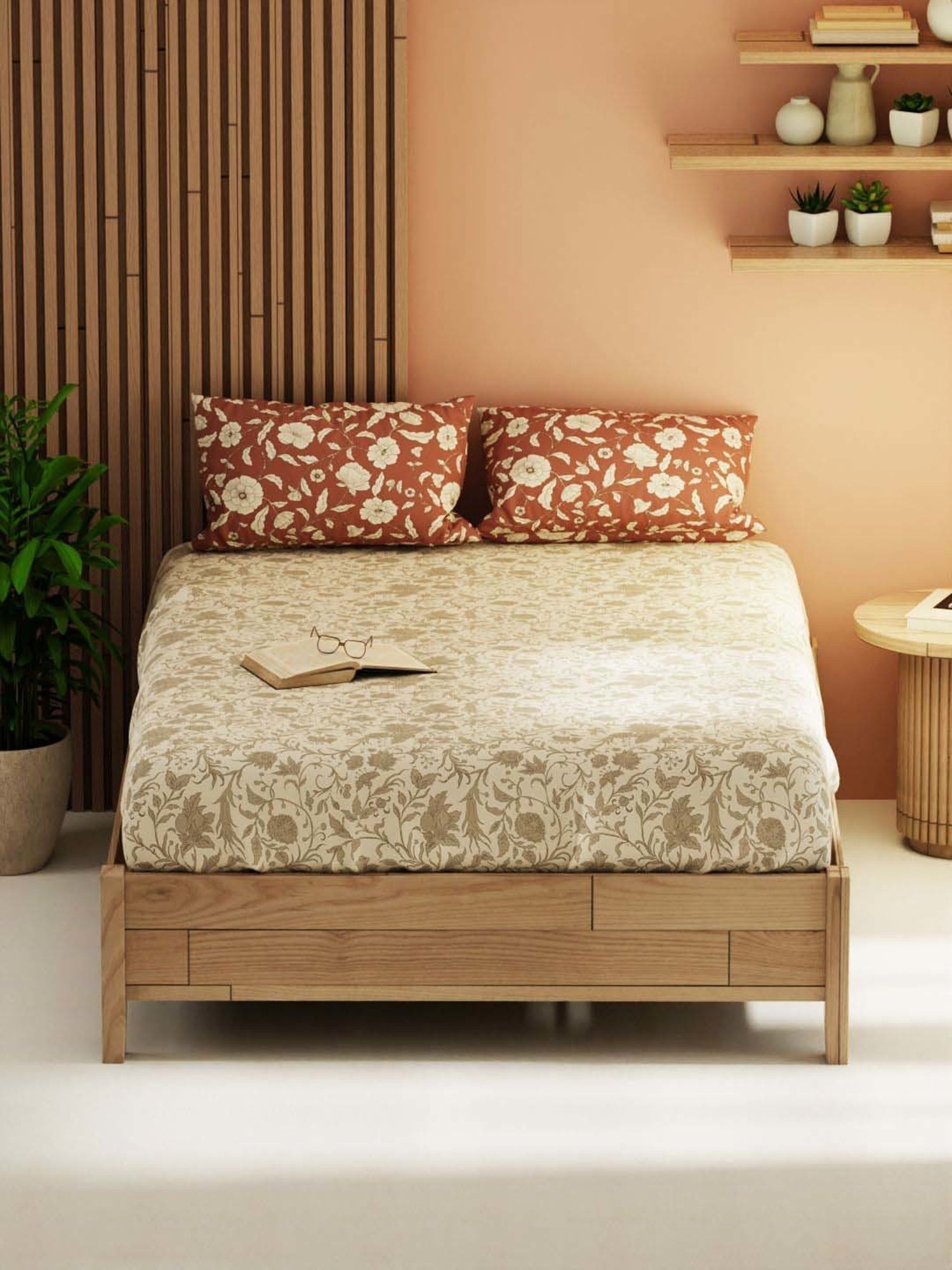 Bianca Magnolia Beige & Brown 152 TC Micro Fabric Double Bedsheet with 2 Pillow Covers