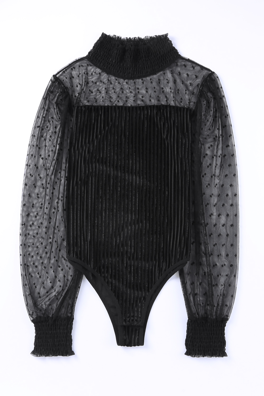 Black Ruffled Mesh Patchwork Slim Fit Bodysuit