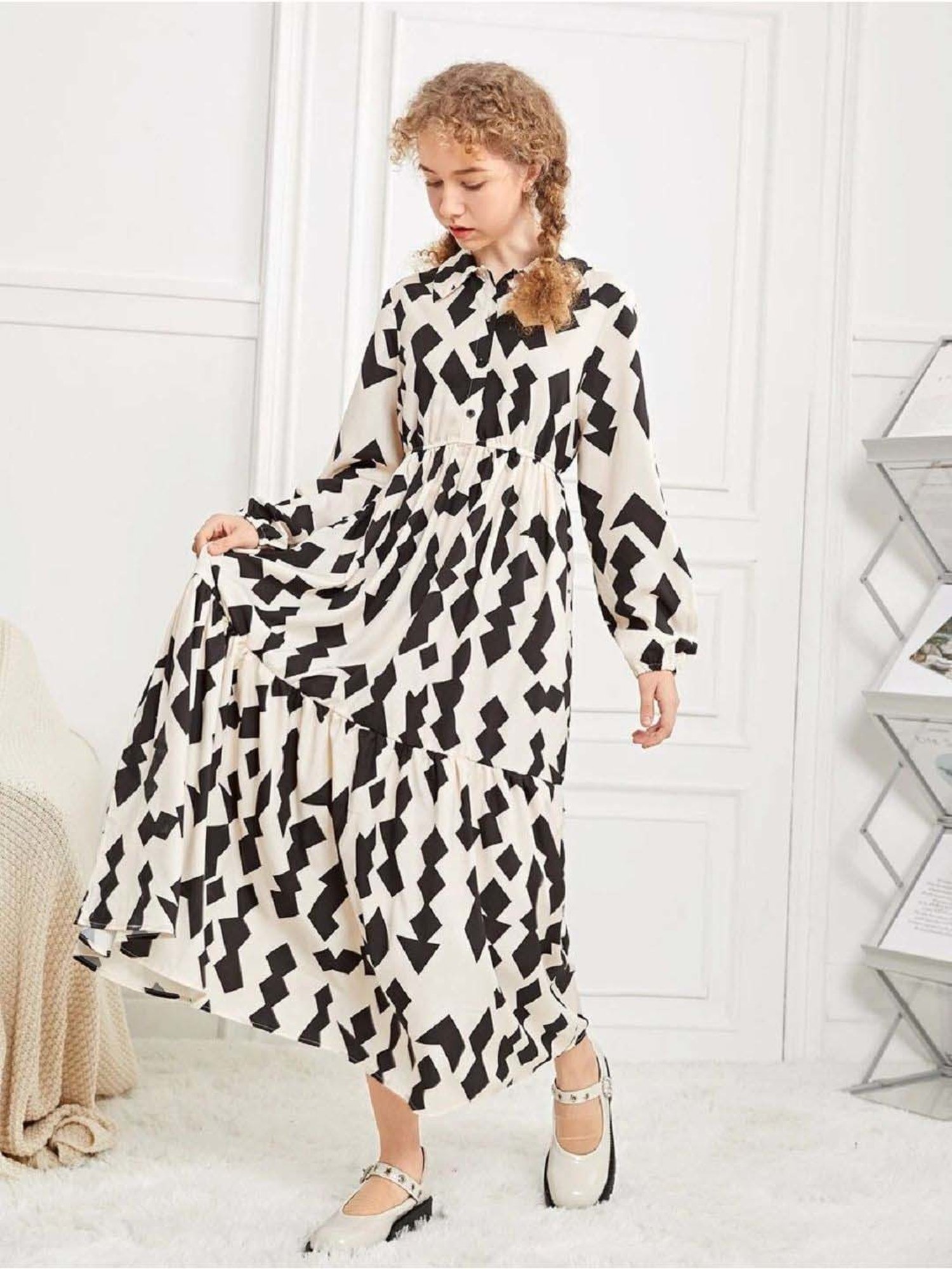 Bolly Lounge Girls Black & White Floral Full Sleeves Dress