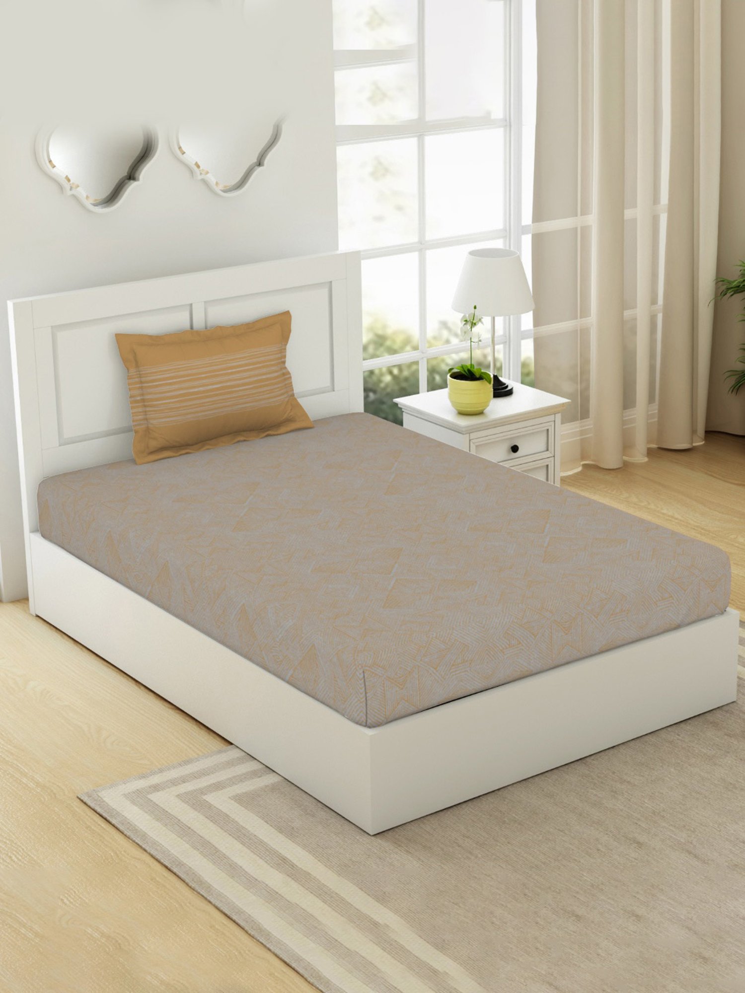 Spaces Geospace Geometric Grey 144 TC Cotton Single Bedsheet With Pillow Cover