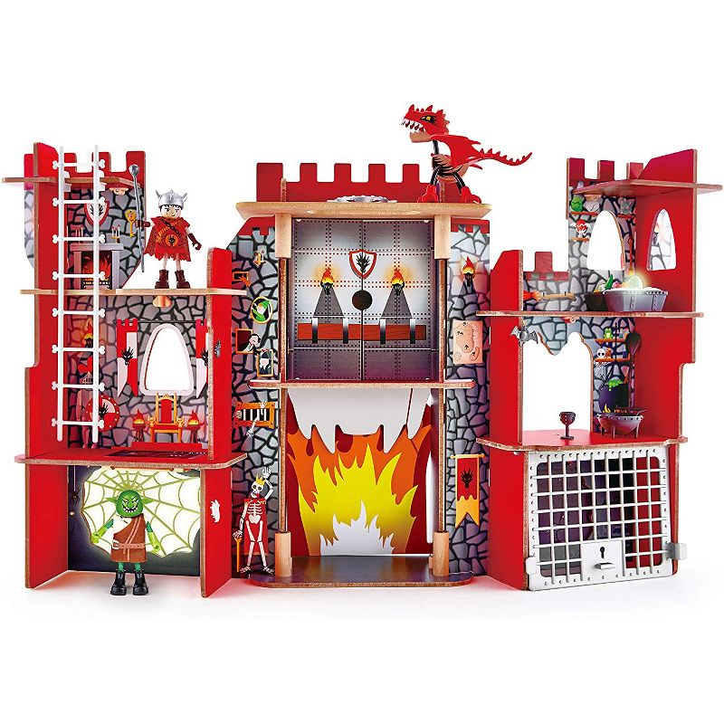 Hape Kid's Foldable Wooden Viking Dragon Castle Dollhouse Play Set with Magic Accessories and Action Figures