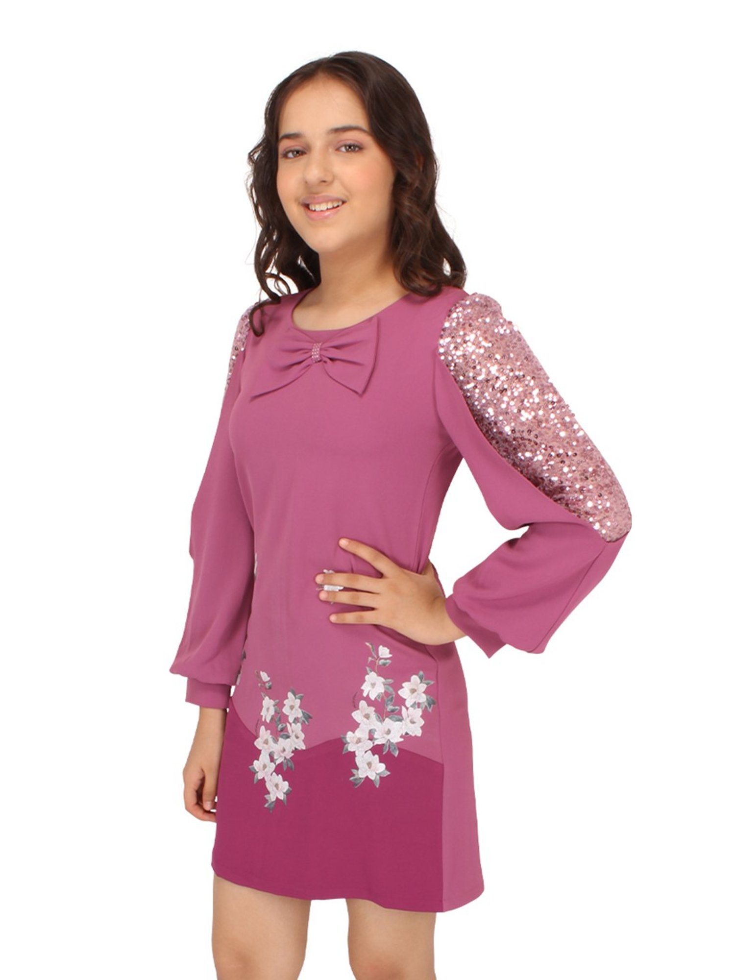 Cutecumber Kids Purple Embroidered Full Sleeves Dress