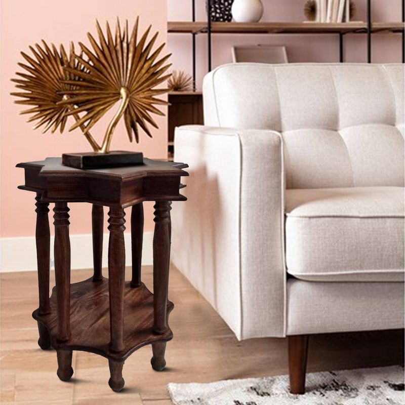 Star Shape Top Mango Wood Accent End Table with shelf and Spool Turned legs Brown - The Urban Port