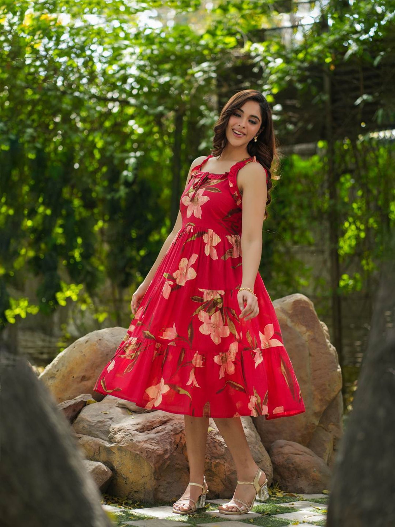 Rain and Rainbow Red Cotton Floral Print A-Line Dress