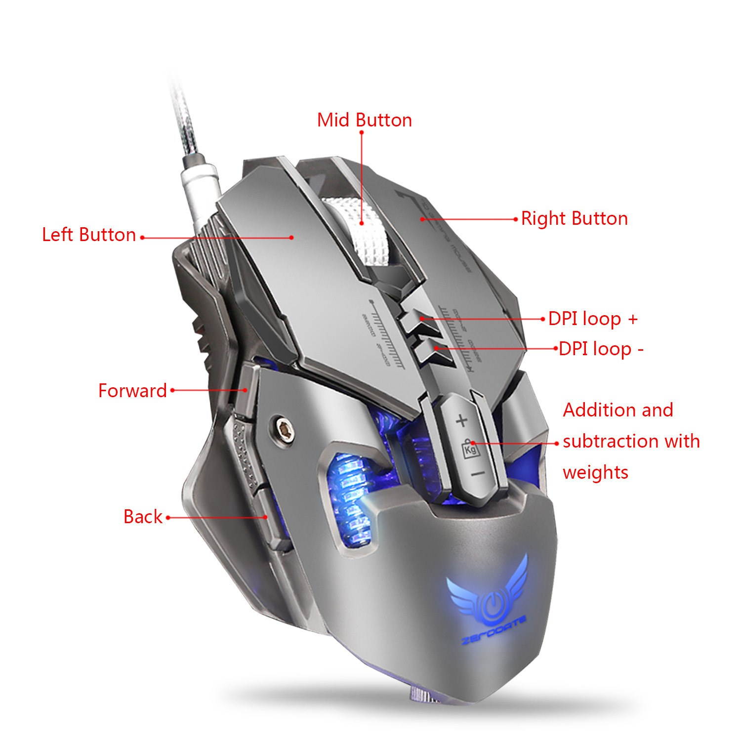 ZERODATE Mechanical Macros Define the Game Mouse,7 Programmable Keys, Cool LED Variable Light Effect, 12-Level Adjustable DPI, Comfortable Grip Ergonomic Optical PC Computer Gaming Mice (Black)