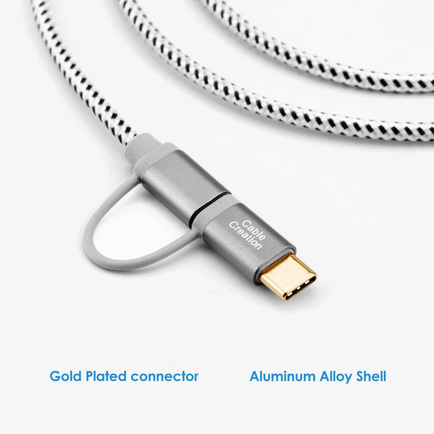 2 in 1 USB C Cable, CableCreation 0.8ft Braided USB C and Micro USB to USB A Fast Charge Cord, Compatible with Sumsang Note 8, Pixel XL, Android & USB-C Devices, 0.25 M/Space Gray Aluminum Case