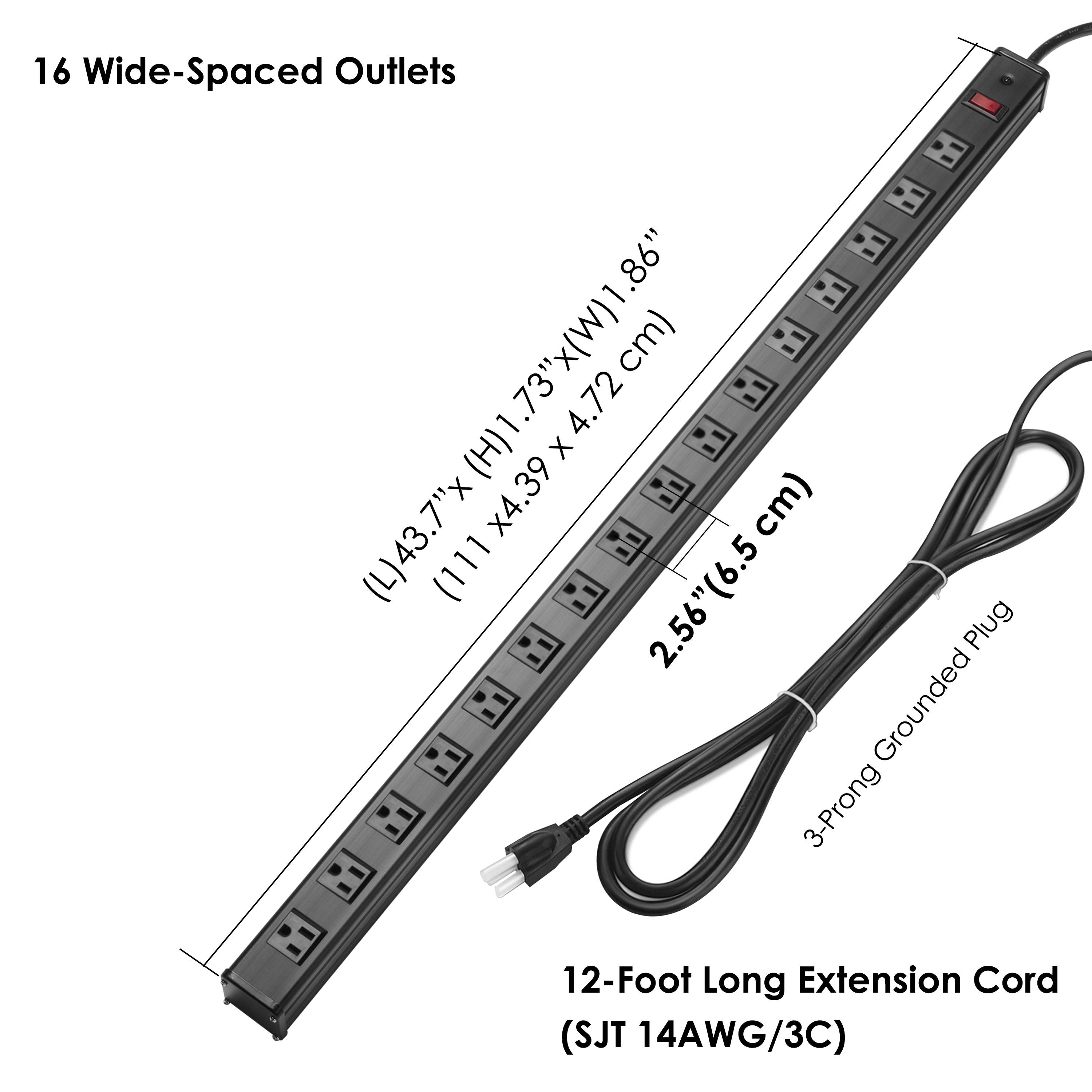 BESTTEN UL Listed 16-Outlet Heavy Duty Metal Power Strip, 12ft Long Extension Cord, 15A ON/Off Circuit Breaker, Mounting Brackets Included, Black