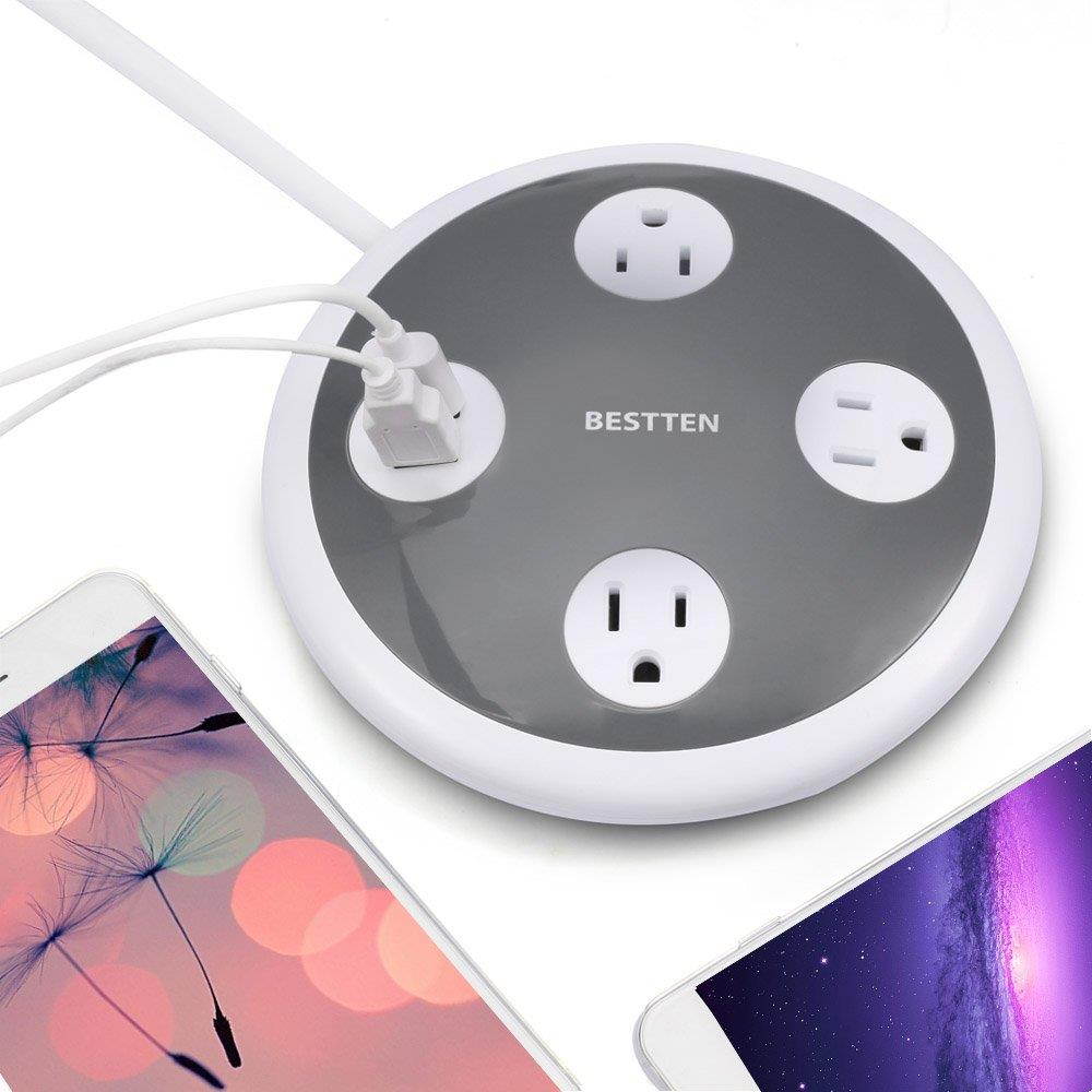 BESTTEN Desktop Power Strip with USB Ports (3.1 Amp), 3 Wide-Spaced Outlets and 2 USB Charging Ports, 4' Heavy Duty Extension Cord, ETL Certified, Gray & White