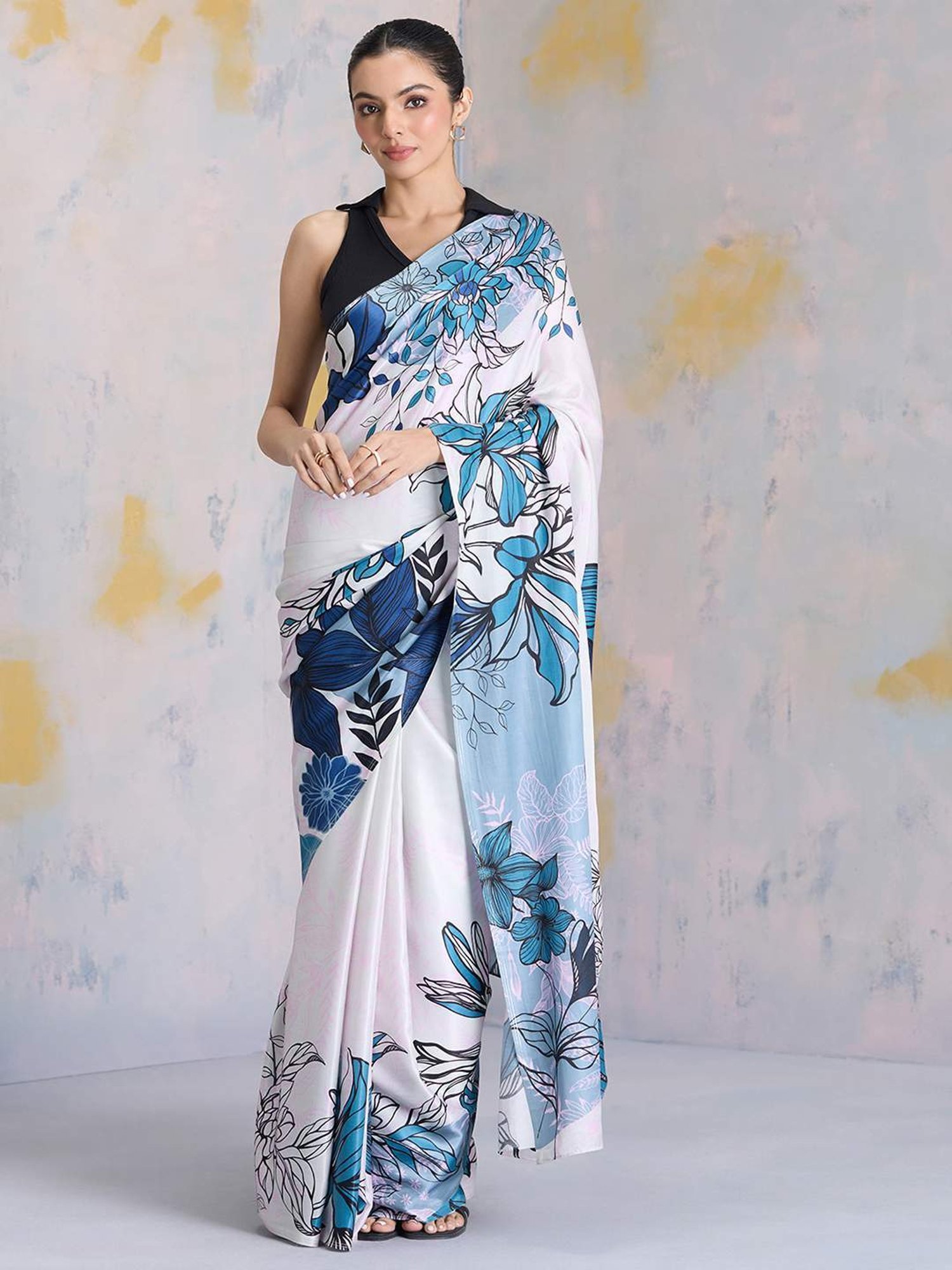 navyasa by liva White & Blue Printed Saree With Unstitched Blouse