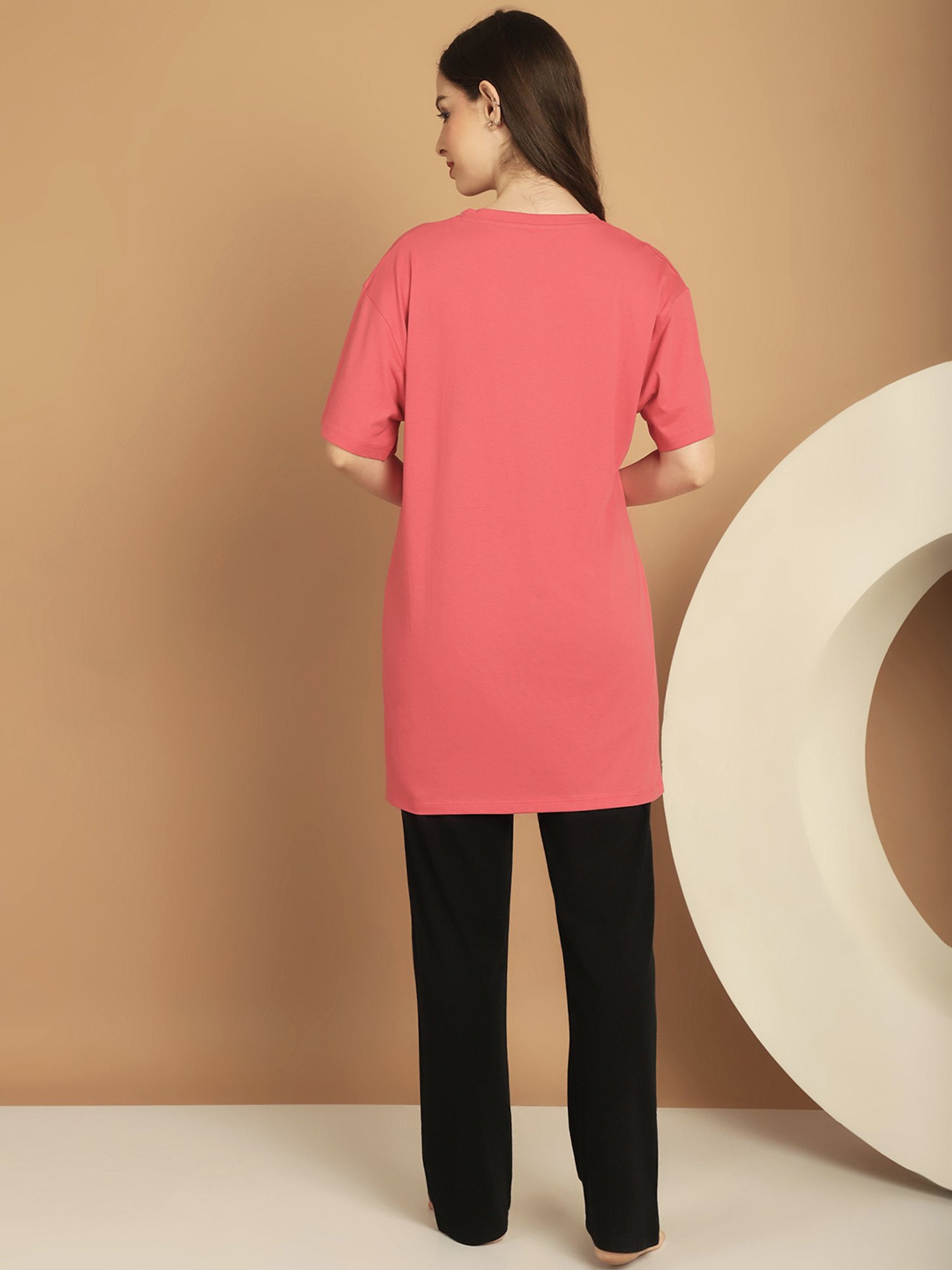 Kanvin Pink & Black Cotton Printed Tunic Pyjamas Set