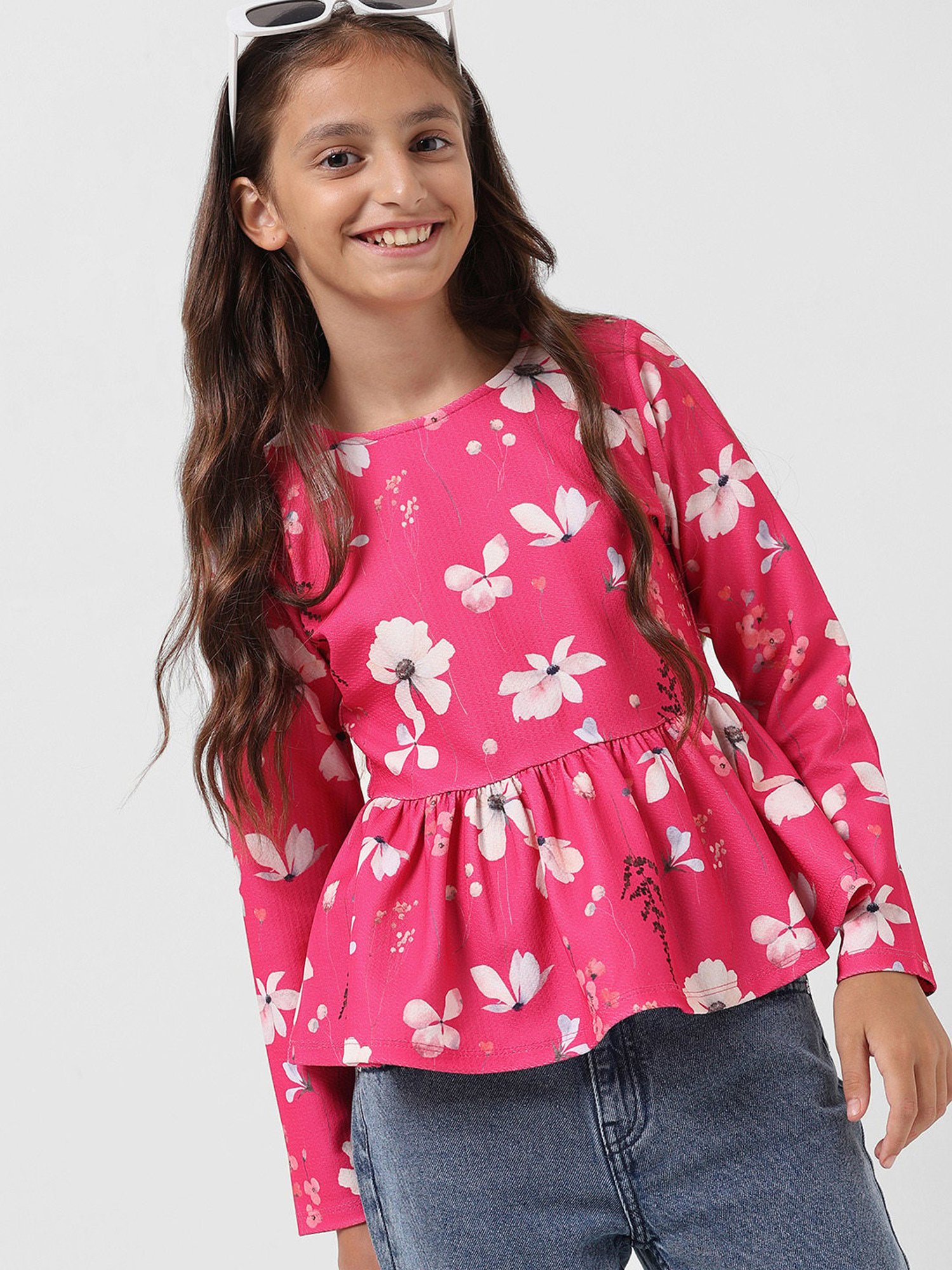 VERO MODA GIRL Pink Floral Print Full Sleeves Peplum Top