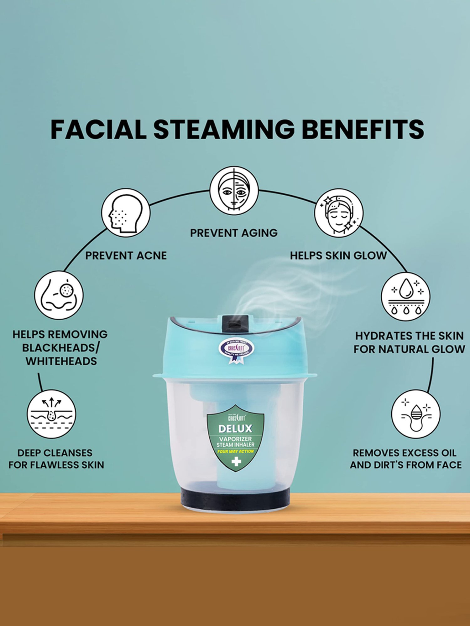 Crescent Delux Facial Steamer Vaporizer for Cold & Cough, Separate Water Container (Ice Blue)