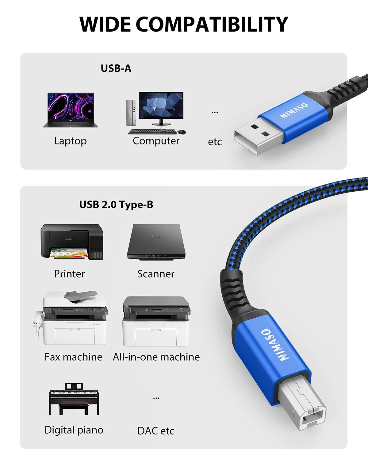 Printer Cable 10 FT/ 3 Meter NIMASO USB 2.0 Printer Cable USB Type A to Type B Scanner Cord High Speed Compatible with HP Canon Epson Dell Lexmark Brother Xerox Samsung and More.