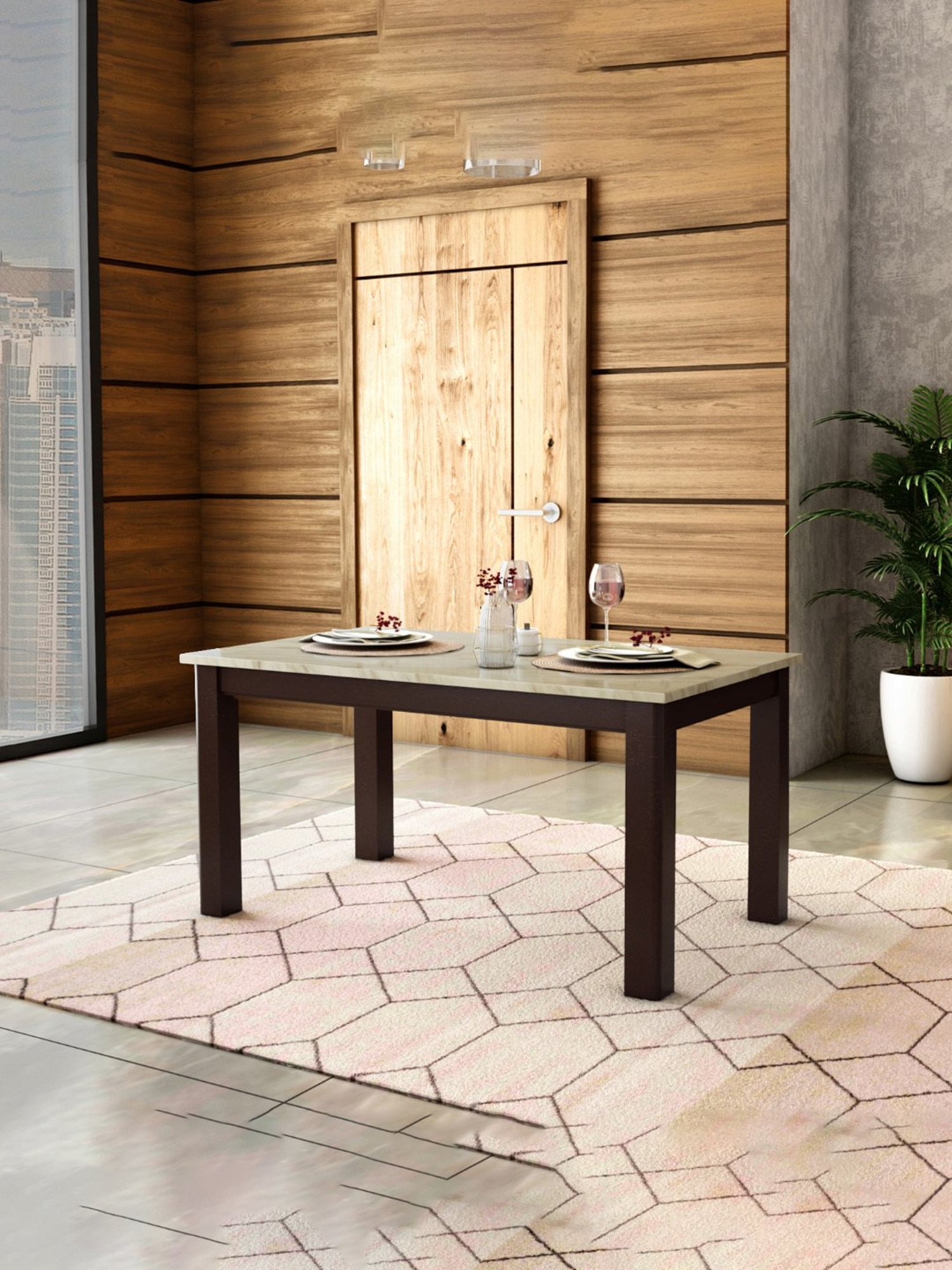 Godrej Interio Allure Black & White Rubber Wood 6 Seater Rectangular Dining Table