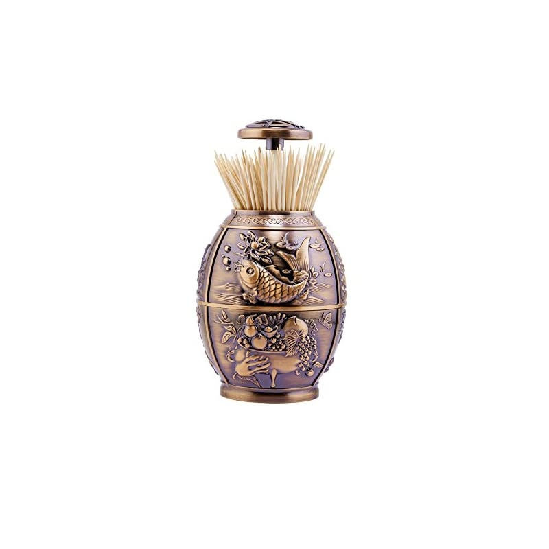 Push Style Retro Metal Automatic Toothpick Holder Case Can Box Container for Home Restaurant Cafe Club Bar Hotel Usage (Red Bronze)