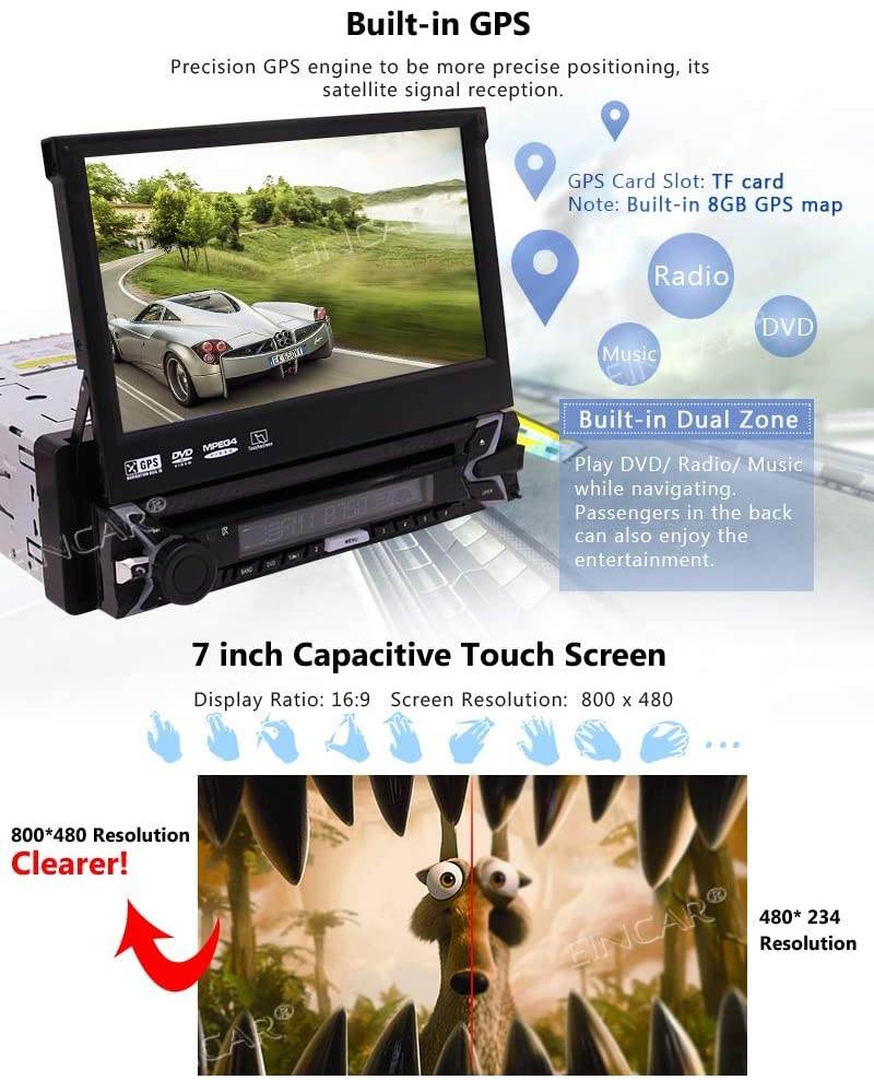 7 inch Single Din Car Stereo Bluetooth Car DVD Player Retractable Capacitive Touch Screen Wince System Support GPS Navigation/USB/SD/Cam-in/Work with Bluetooth/SWC & Free Backup Camera Included