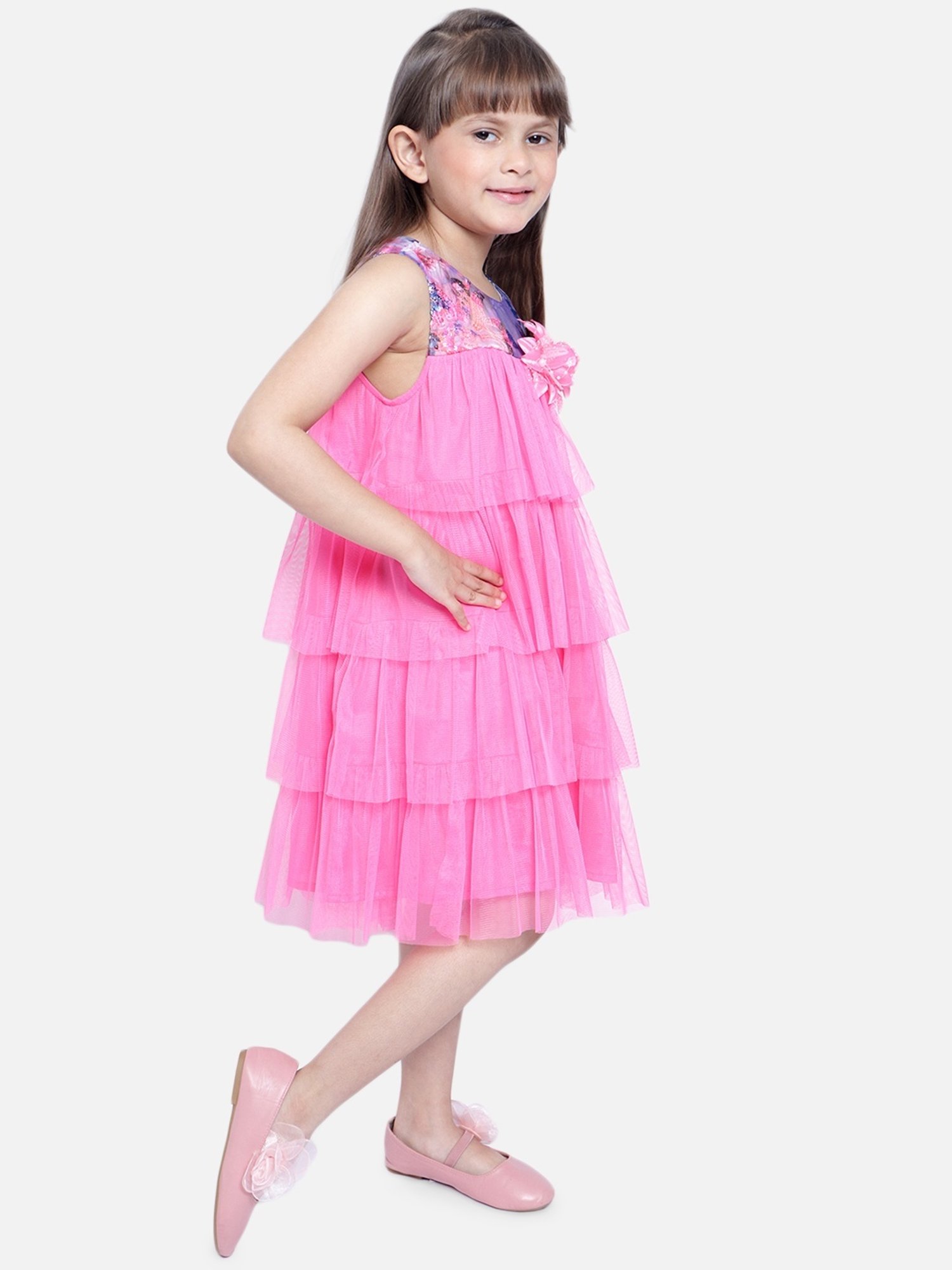 Nauti Nati Kids Pink & Blue Printed Dress
