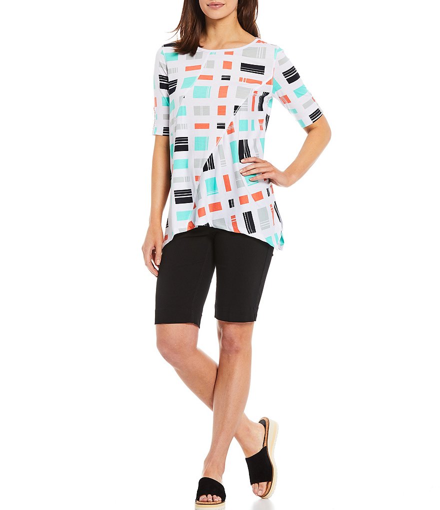 Ali Miles Petite Size Long Roll-Tab Sleeve Round V-Neck Pucker Knit Asymmetrical Tunic