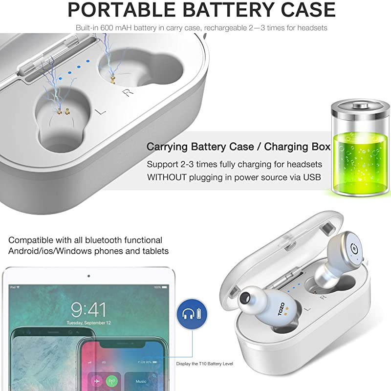 T10 Bluetooth 50 Wireless Earbuds with Wireless Charging Case IPX8 Waterproof TWS Stereo Headphones inEar Builtin Mic Headset Premium Sound with Deep Bass for Sport White