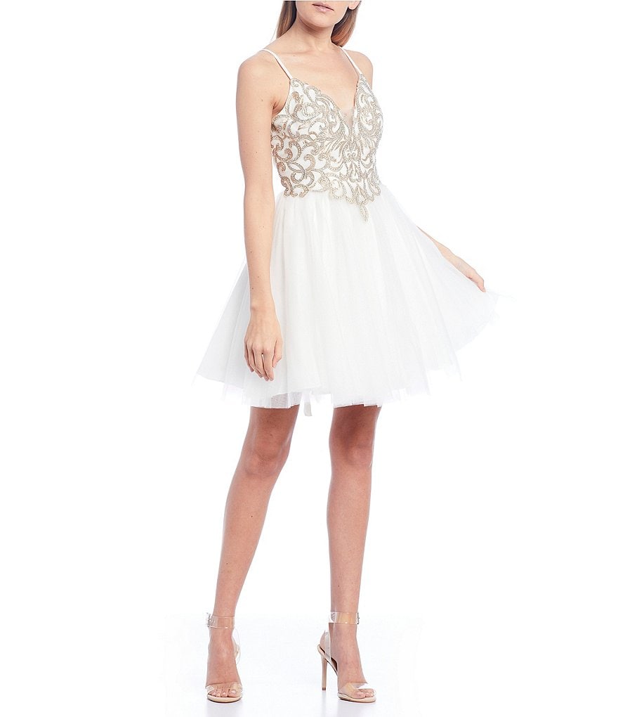 Blondie Nites Spaghetti Strap Embroidered Bodice Lace-Up Back Mesh Dress