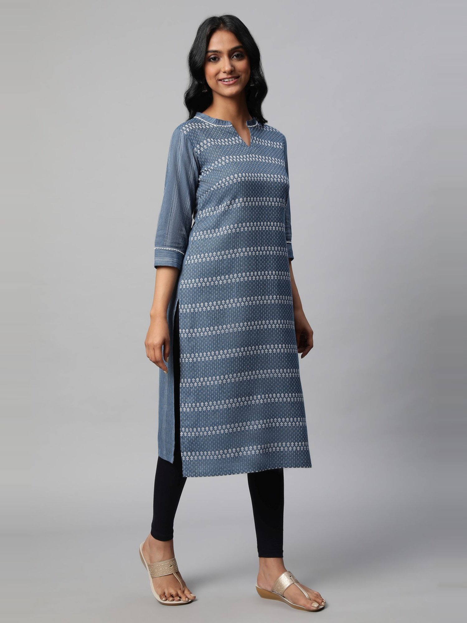 Aurelia Blue & Black Cotton Embroidered Kurta Pant Set